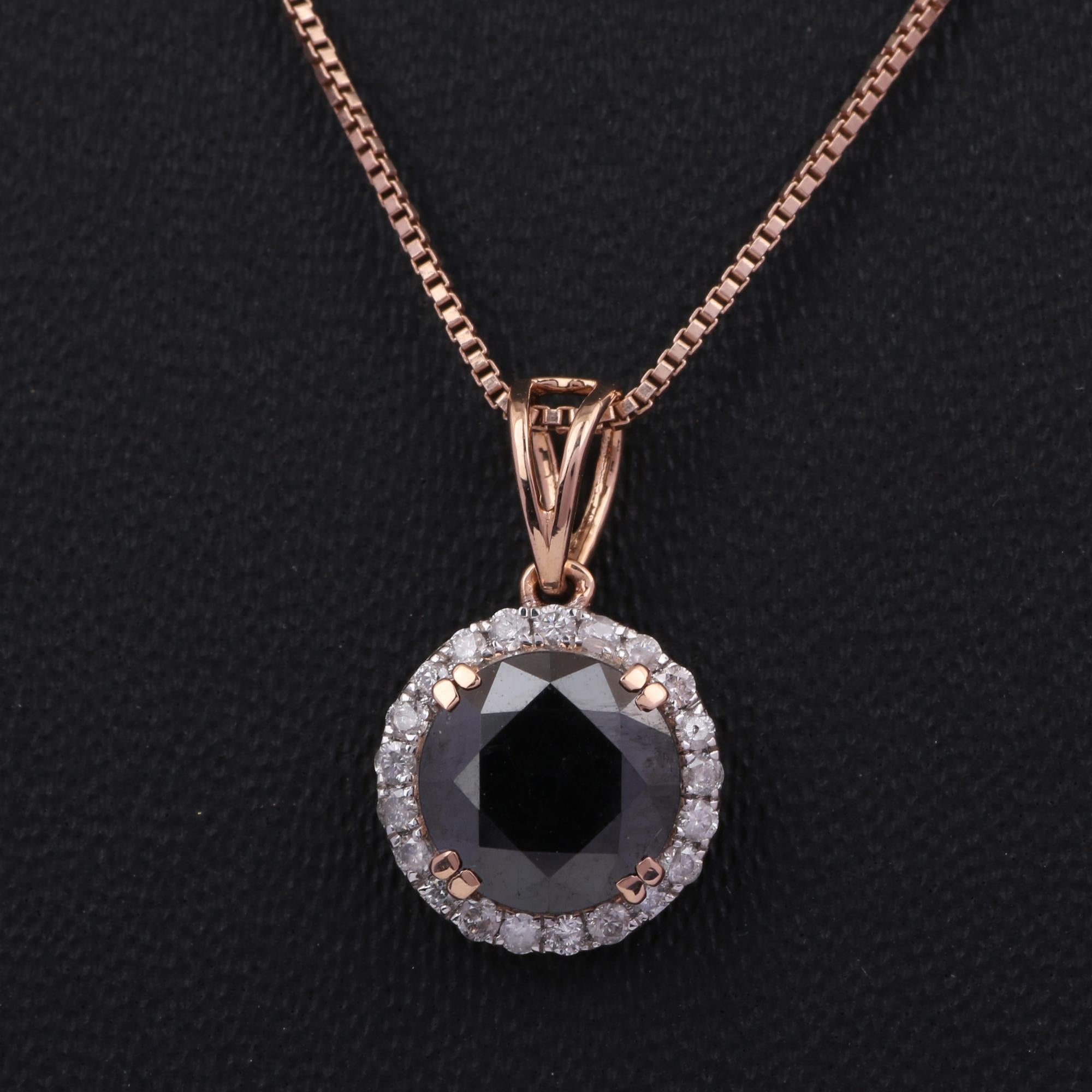 14K Rose Gold 0.122 Ctw Natural Diamond, 0.883 Ctw Black Diamond Charm Pendant In New Condition For Sale In Jaipur, RJ