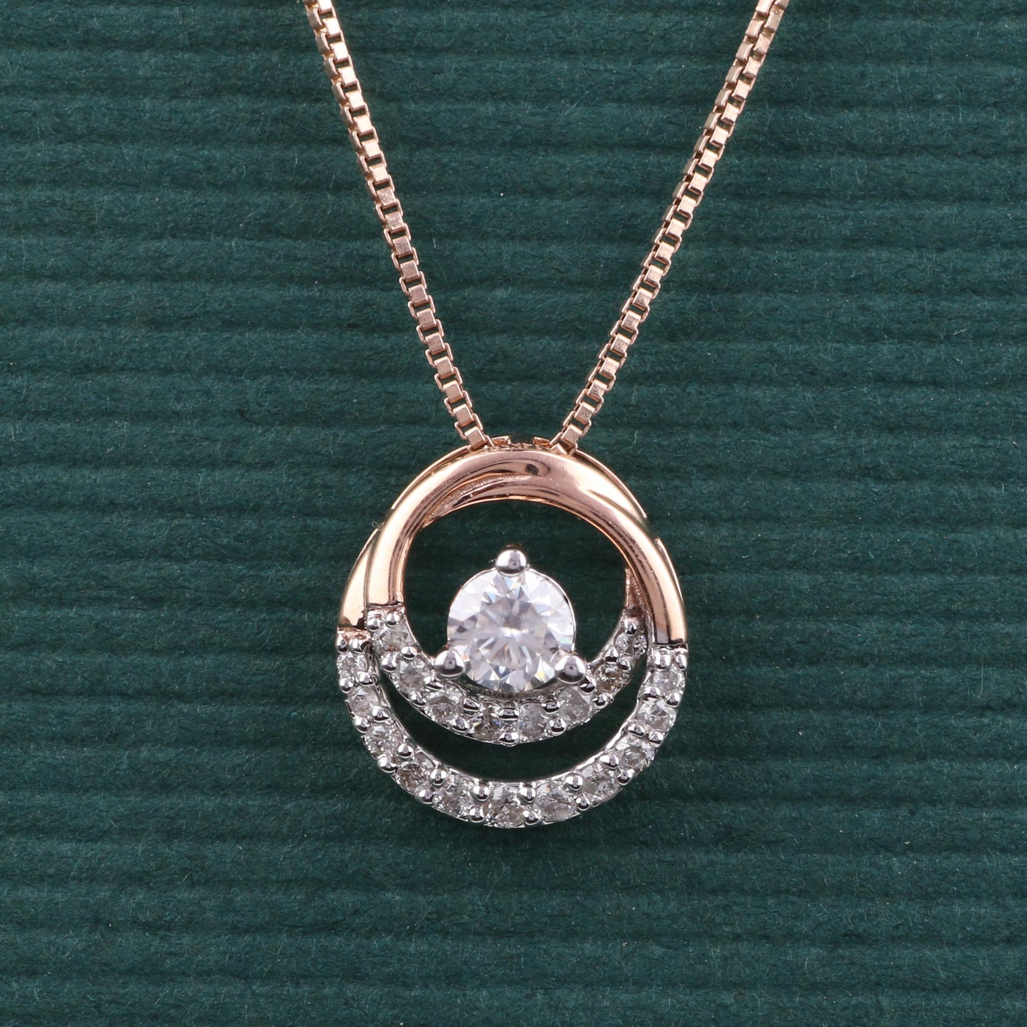 Modern 14K Rose Gold 0.128 Ctw Natural Diamond, 0.159 Ctw Moissanite Charm Pendant For Sale