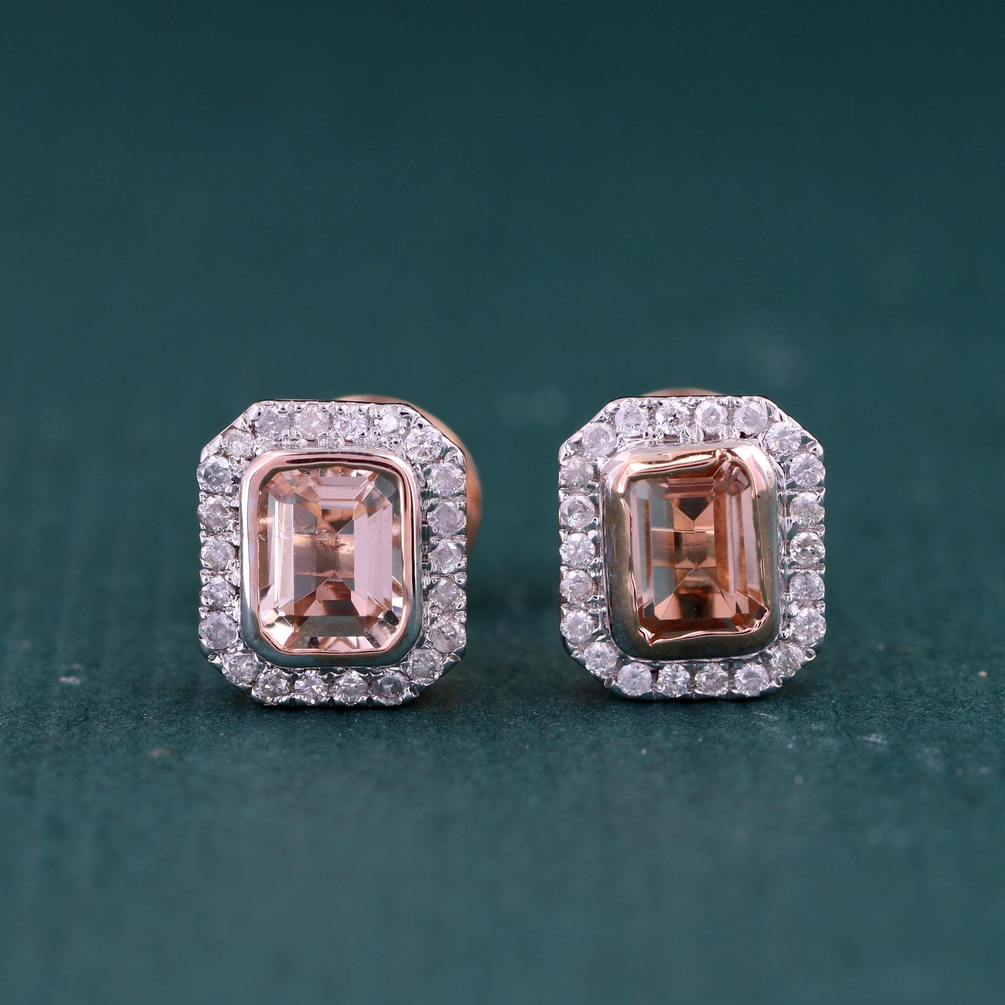 Modern 14K Rose Gold 0.140 Ctw Diamond, 0.748 Ctw Natural Morganite Stud Earrings For Sale