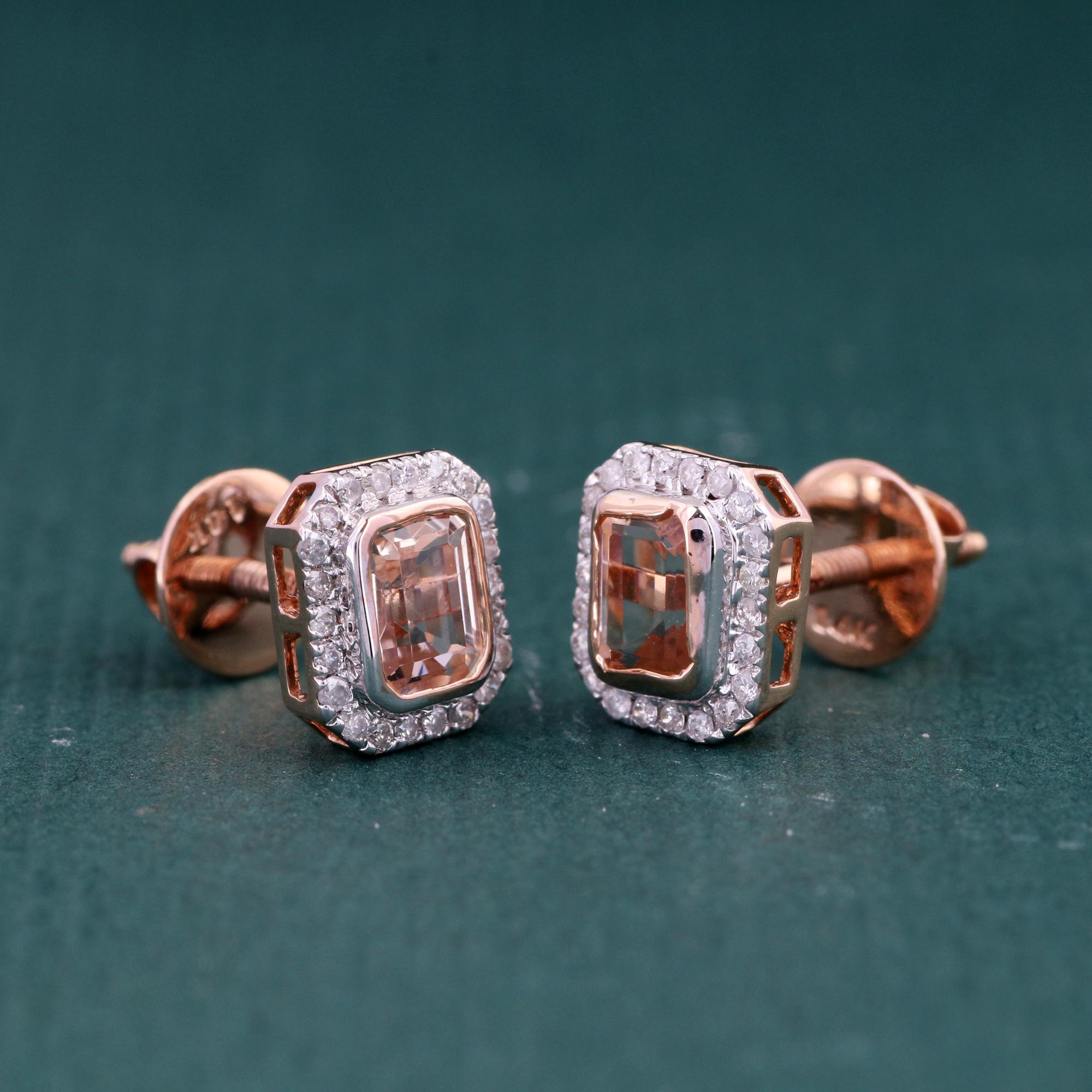 Brilliant Cut 14K Rose Gold 0.140 Ctw Diamond, 0.748 Ctw Natural Morganite Stud Earrings For Sale