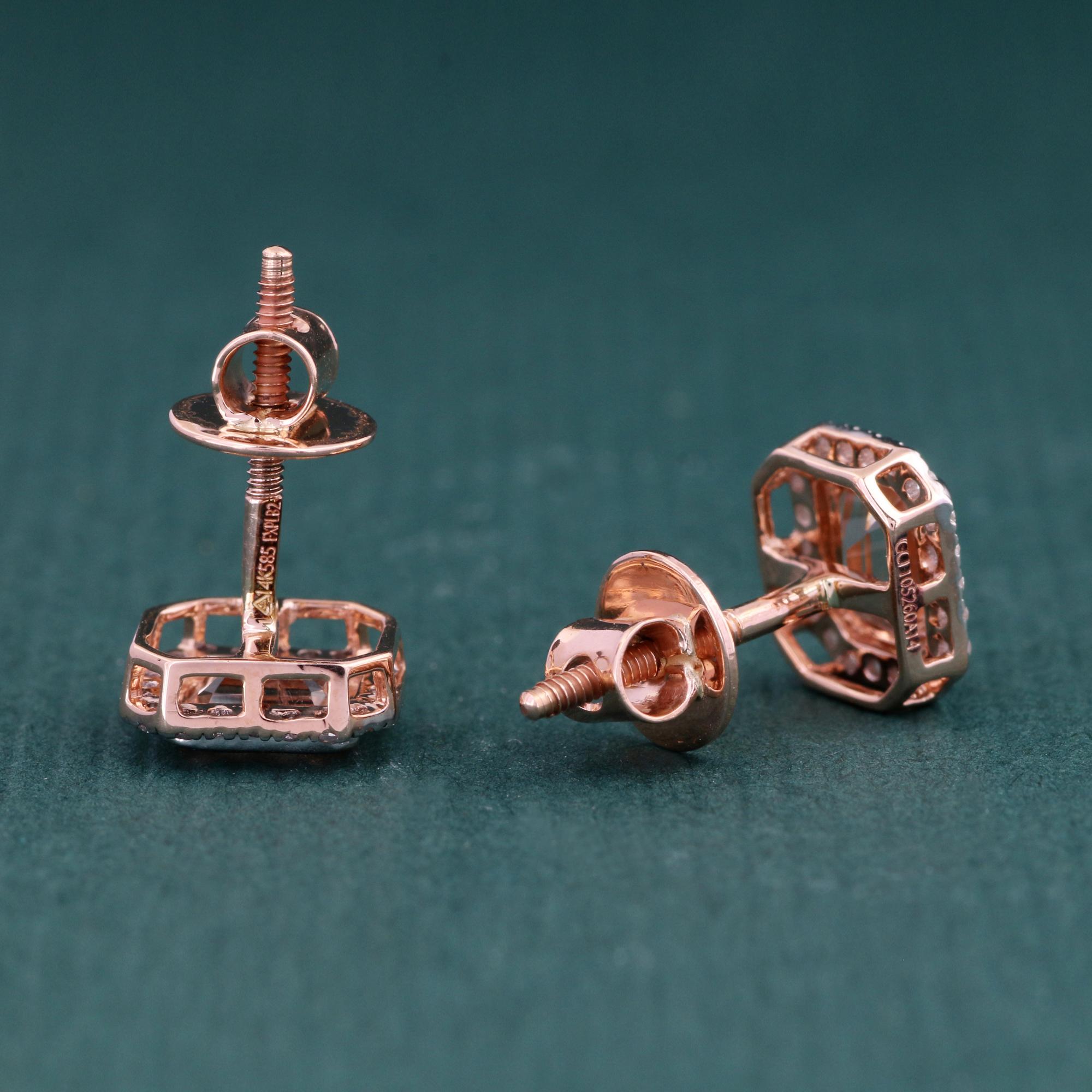 14K Rose Gold 0.140 Ctw Diamond, 0.748 Ctw Natural Morganite Stud Earrings In New Condition For Sale In Jaipur, RJ