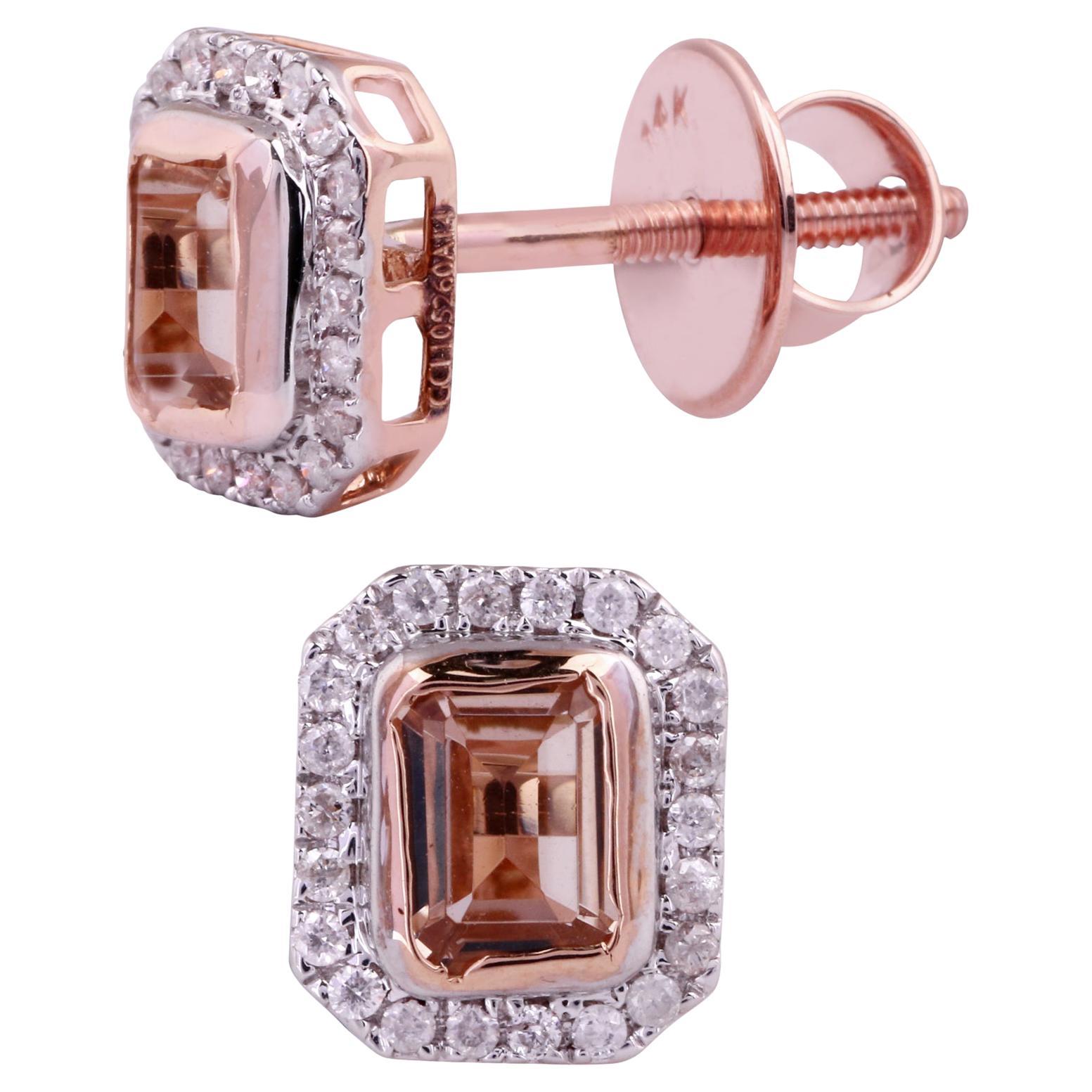 14K Rose Gold 0.140 Ctw Diamond, 0.748 Ctw Natural Morganite Stud Earrings For Sale