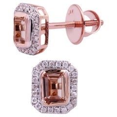 Clous d'oreilles en or rose 14 carats, diamants 0,140 carat, morganite naturelle 0,748 carat