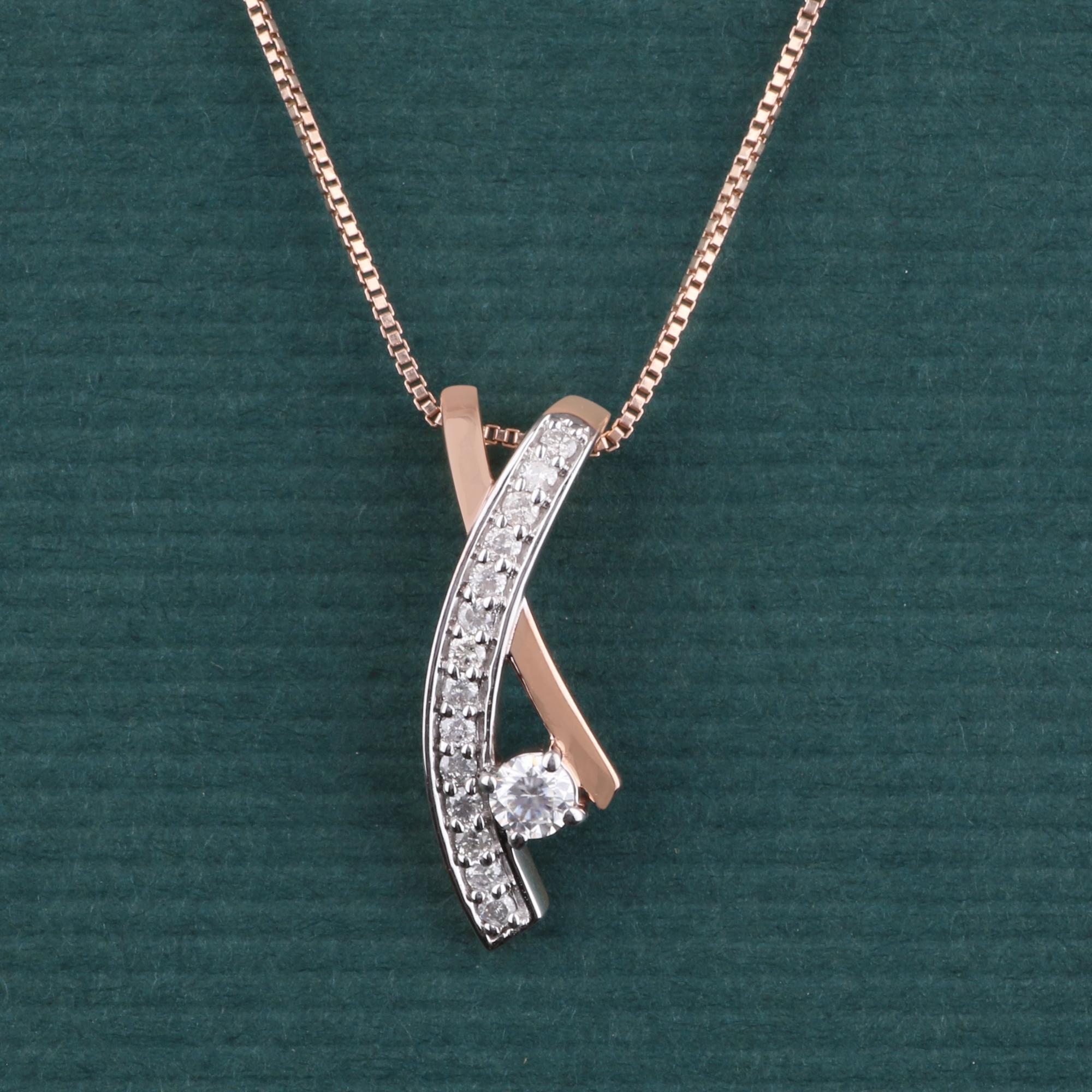 Modern 14K Rose Gold 0.144 Ctw Natural Diamond, 0.116 Ctw Moissanite Charm Pendant For Sale