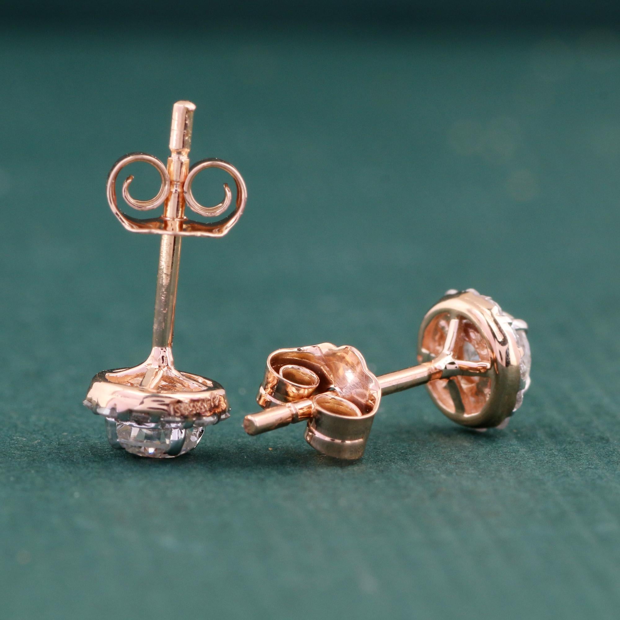 Modern 14K Rose Gold 0.159 Ctw Diamond, 0.314 Ctw Moissanite Diamond Stud Earrings For Sale