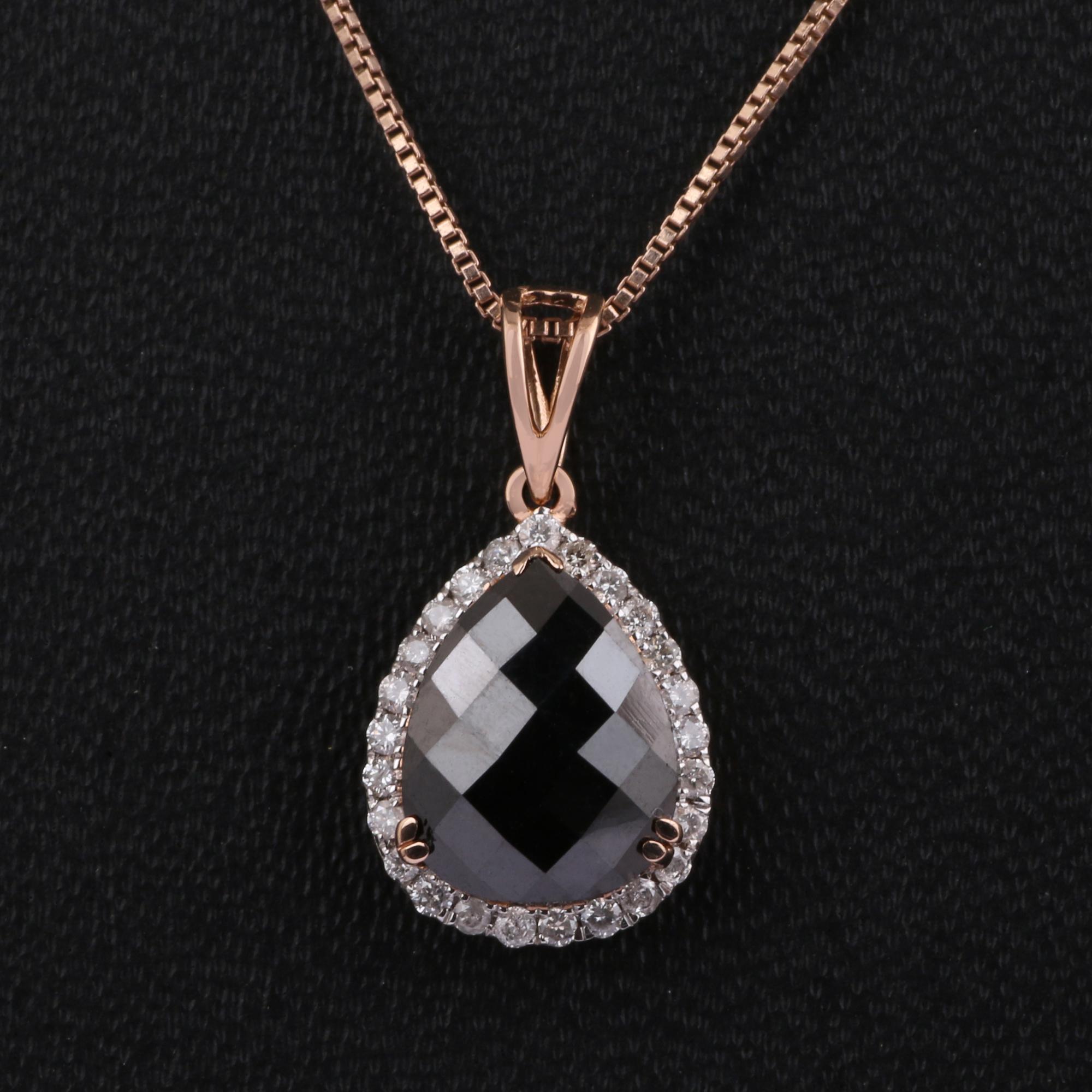 14K Rose Gold 0.160 Ctw Natural Diamond, 1.81 Ctw Black Diamond Charm Pendant In New Condition For Sale In Jaipur, RJ