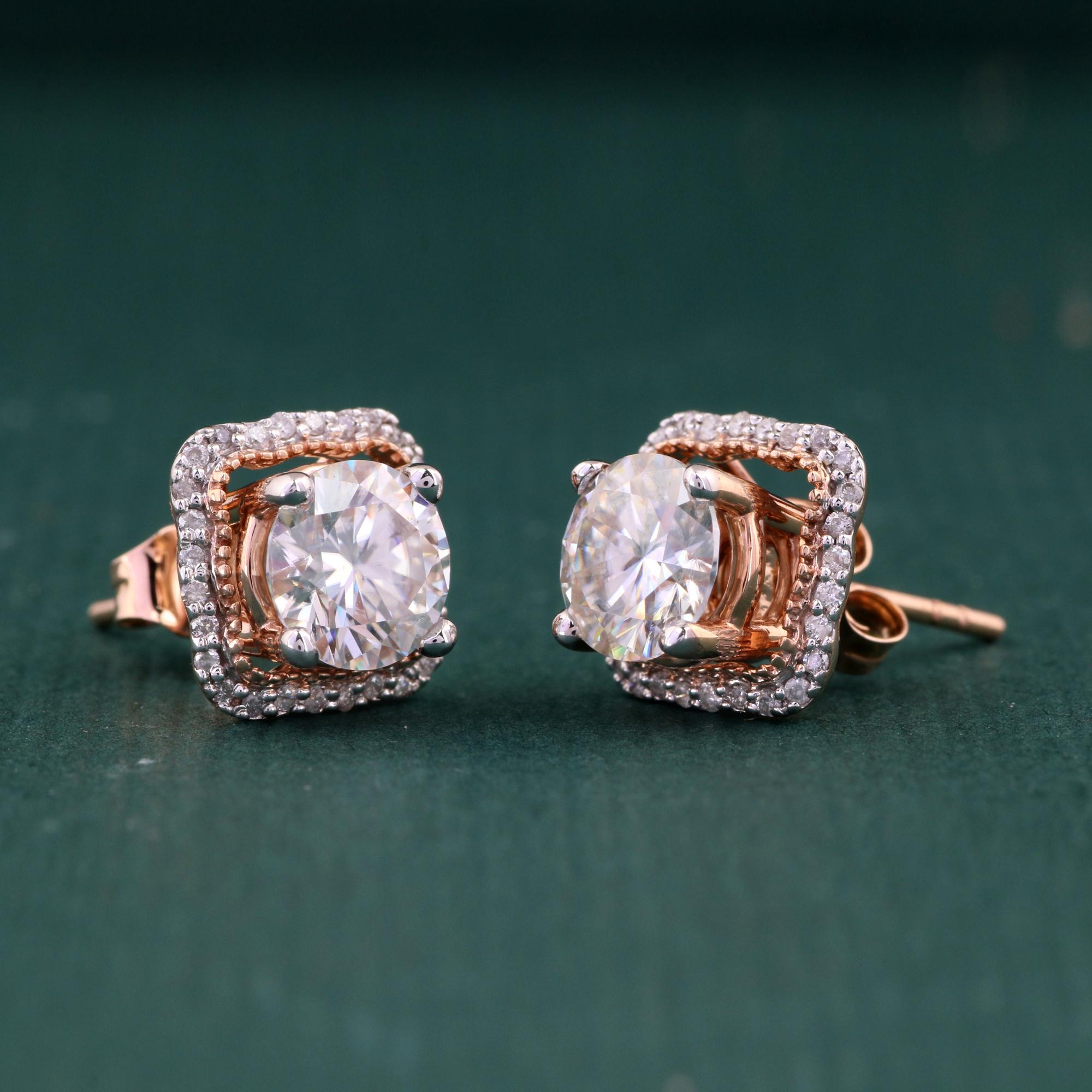 Modern 14K Rose Gold 0.161 Ctw Diamond, 1.887 Ctw Moissanite Diamond Stud Earrings For Sale