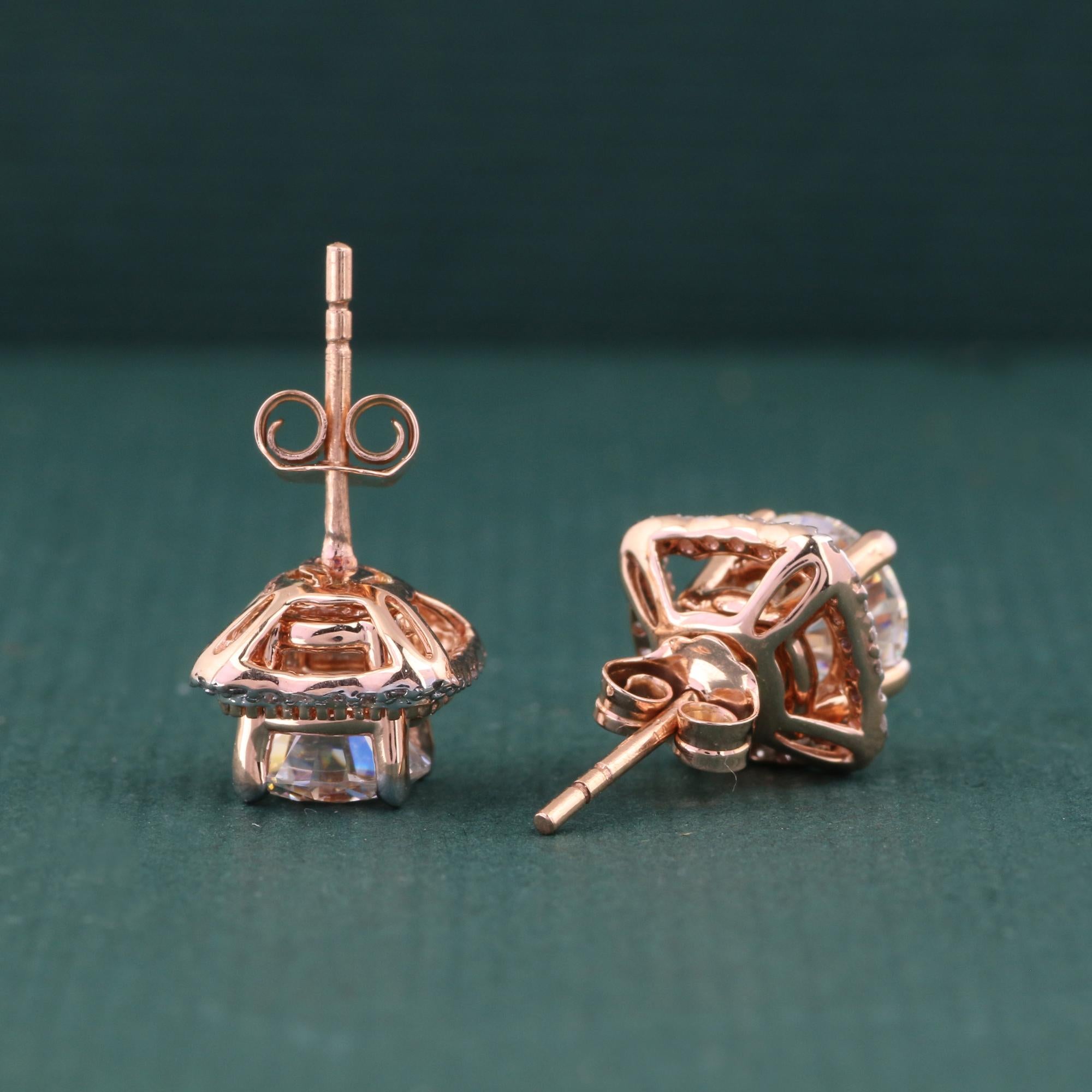 Brilliant Cut 14K Rose Gold 0.161 Ctw Diamond, 1.887 Ctw Moissanite Diamond Stud Earrings For Sale