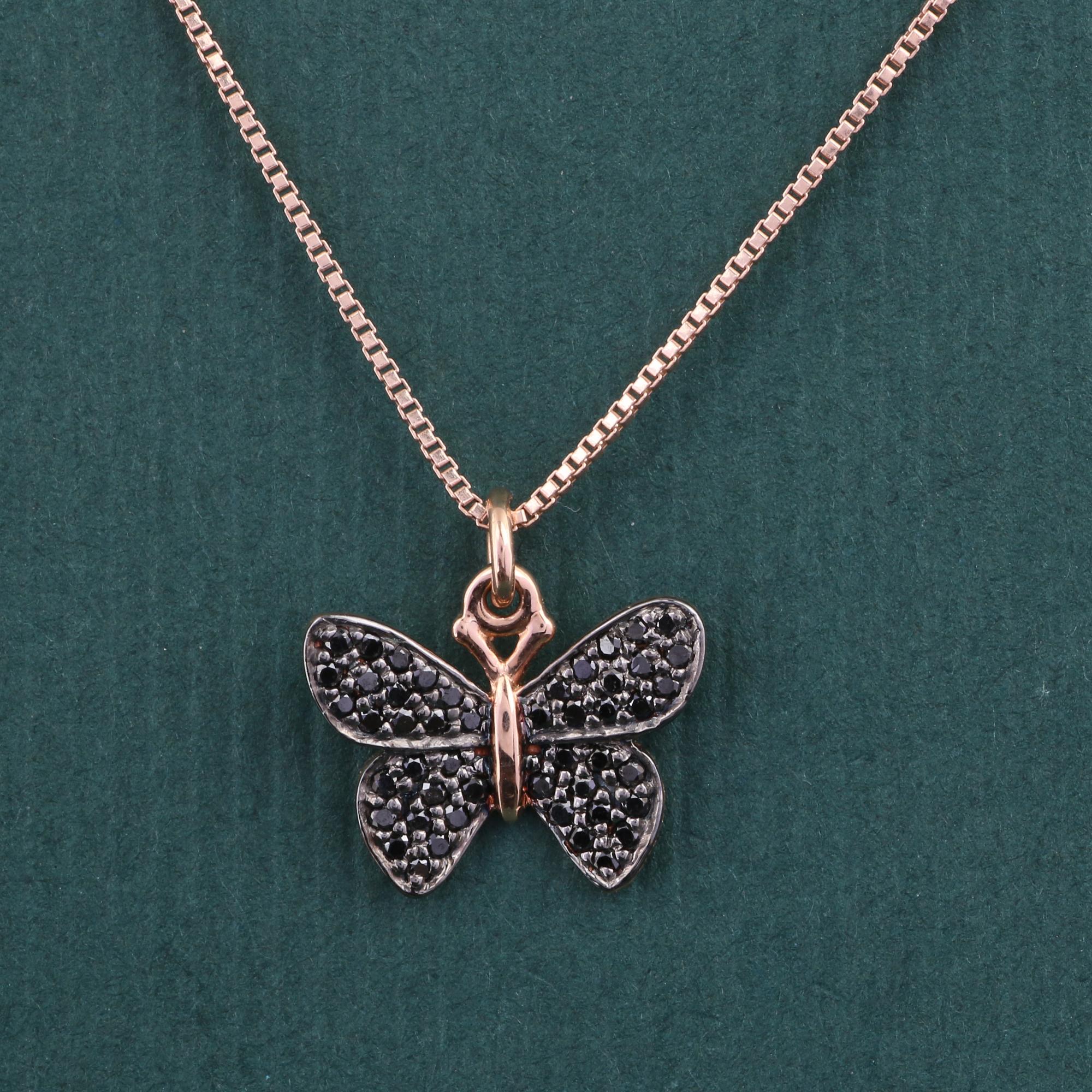 Moderne Pendentif papillon moderne à breloque en or rose 14 carats avec diamants noirs véritables 0,166 carat en vente