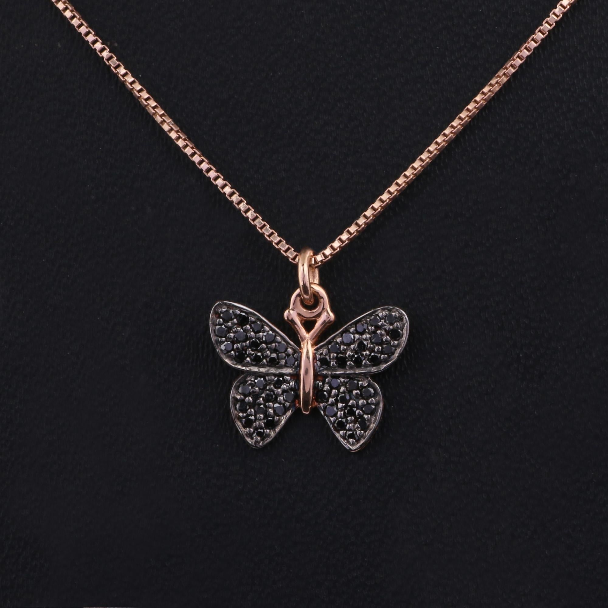 14 Karat Roségold 0,166 Karat echter schwarzer Diamant Moderner Charm Schmetterlingsanhänger Damen im Angebot