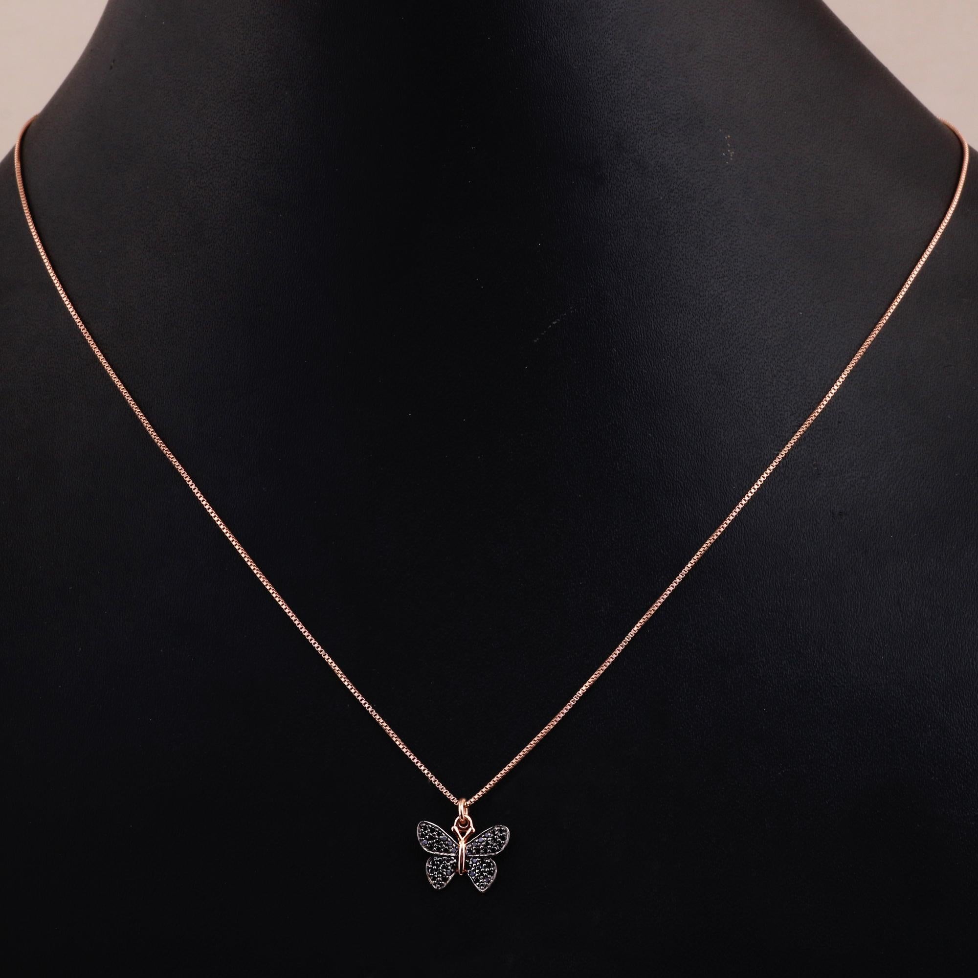 14K Rose Gold 0.166 Ctw Real Black Diamond Modern Charm Butterfly Pendant In New Condition For Sale In Jaipur, RJ