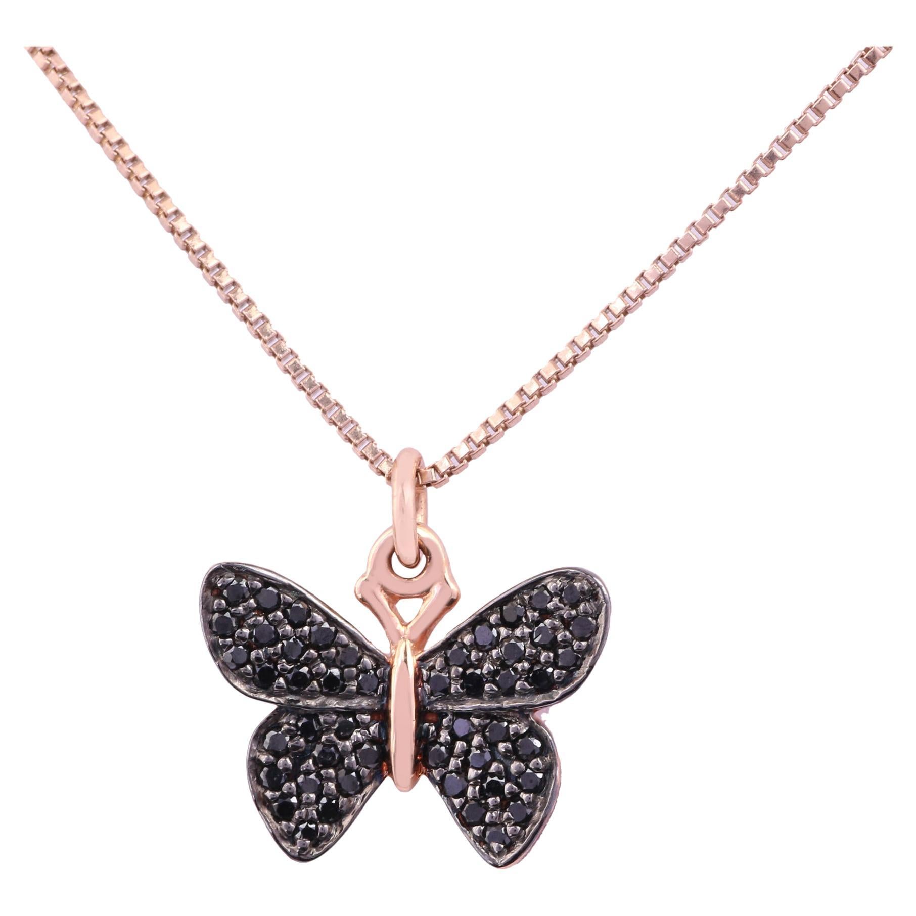 14K Rose Gold 0.166 Ctw Real Black Diamond Modern Charm Butterfly Pendant For Sale