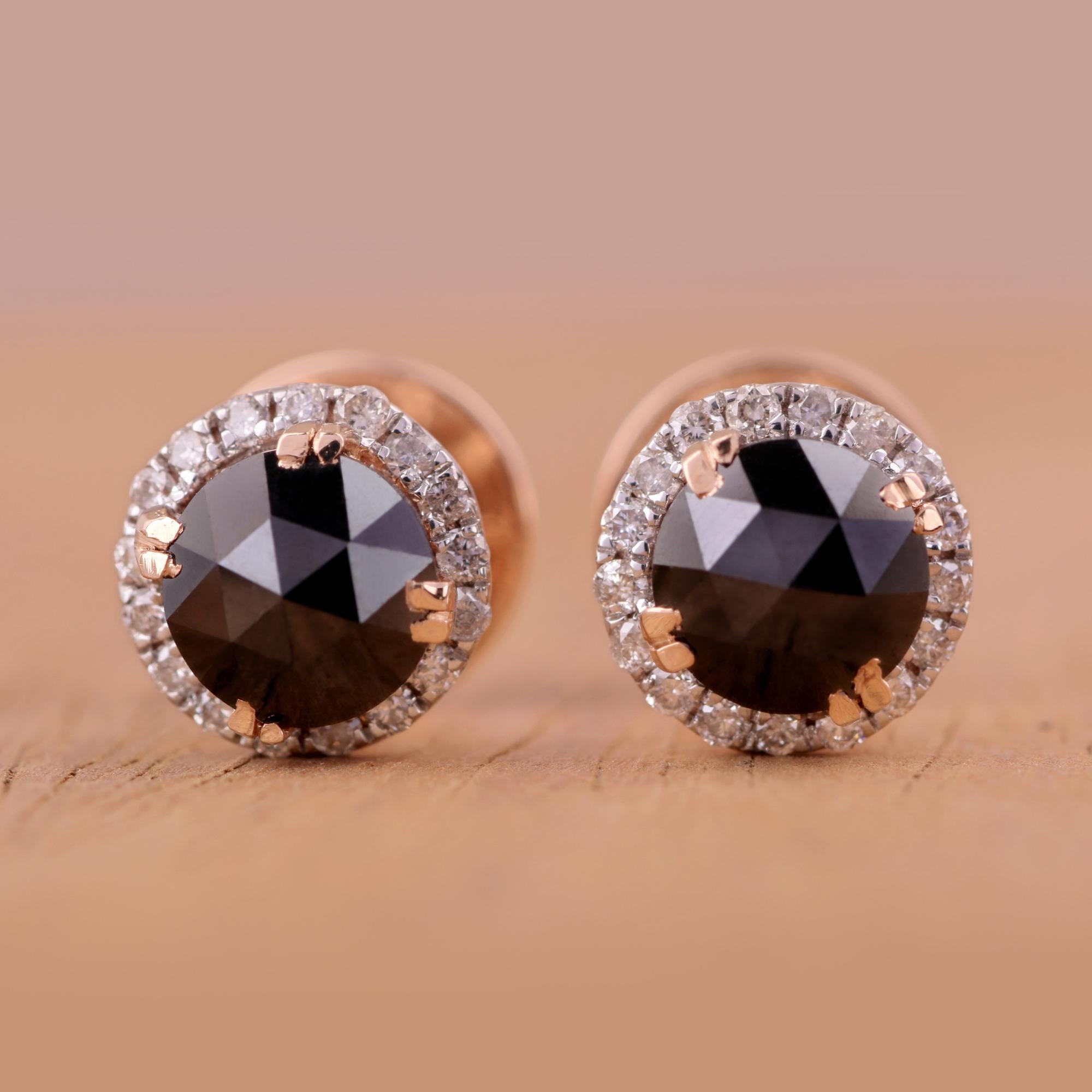 Modern 14K Rose Gold 0.167 Ctw Diamond, 1.083 Ctw Real Black Diamond Stud Earrings For Sale