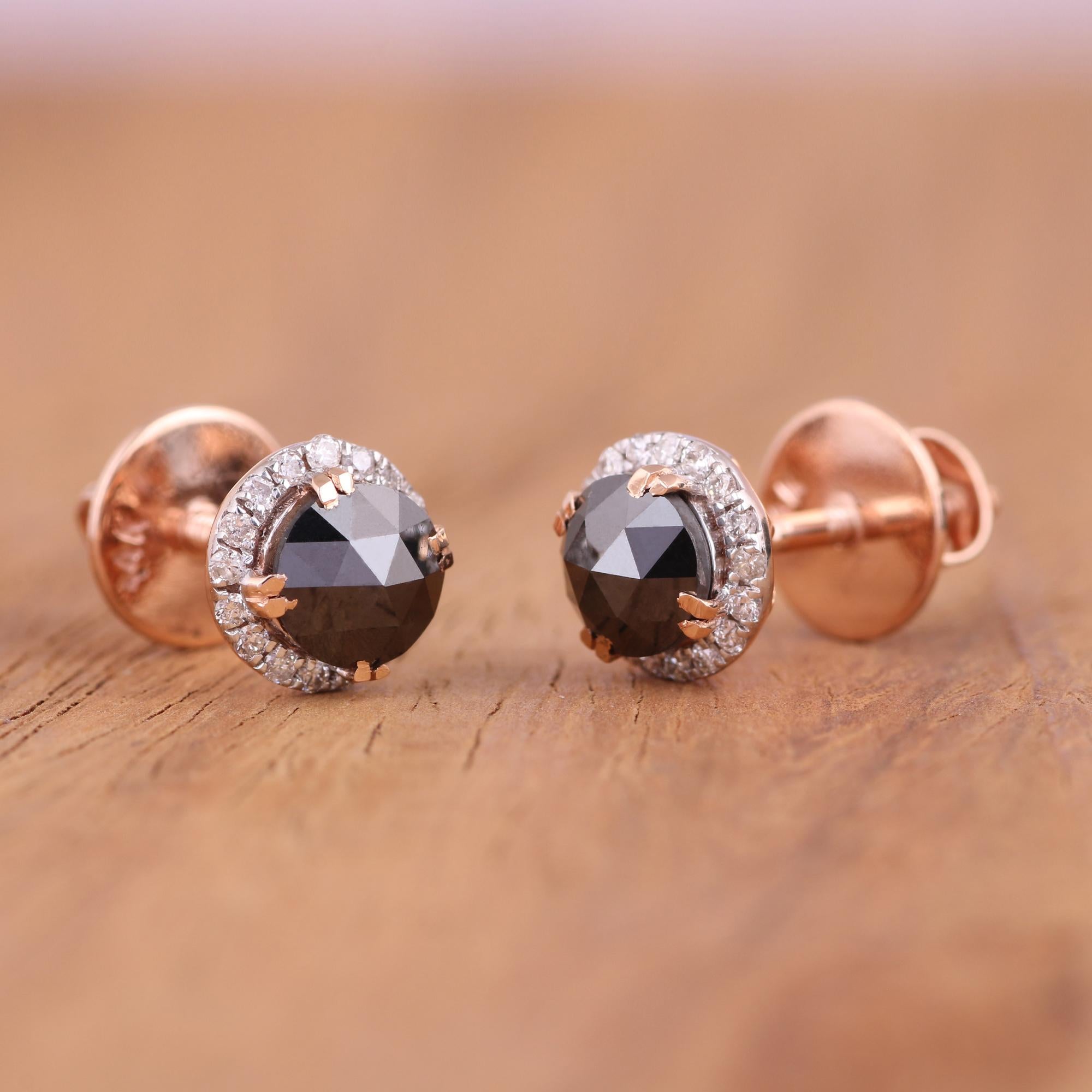 Brilliant Cut 14K Rose Gold 0.167 Ctw Diamond, 1.083 Ctw Real Black Diamond Stud Earrings For Sale