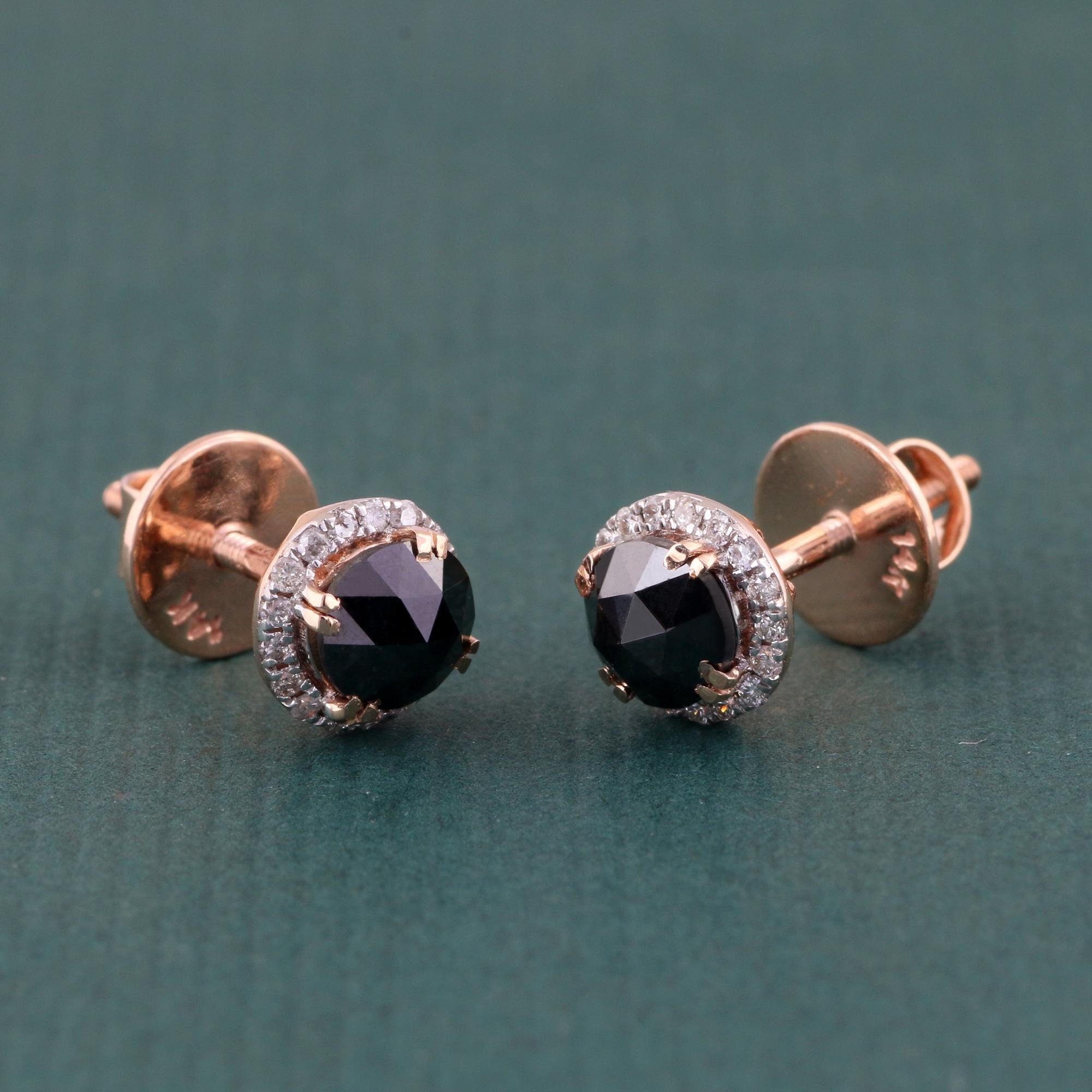 14K Rose Gold 0.167 Ctw Diamond, 1.083 Ctw Real Black Diamond Stud Earrings For Sale 1