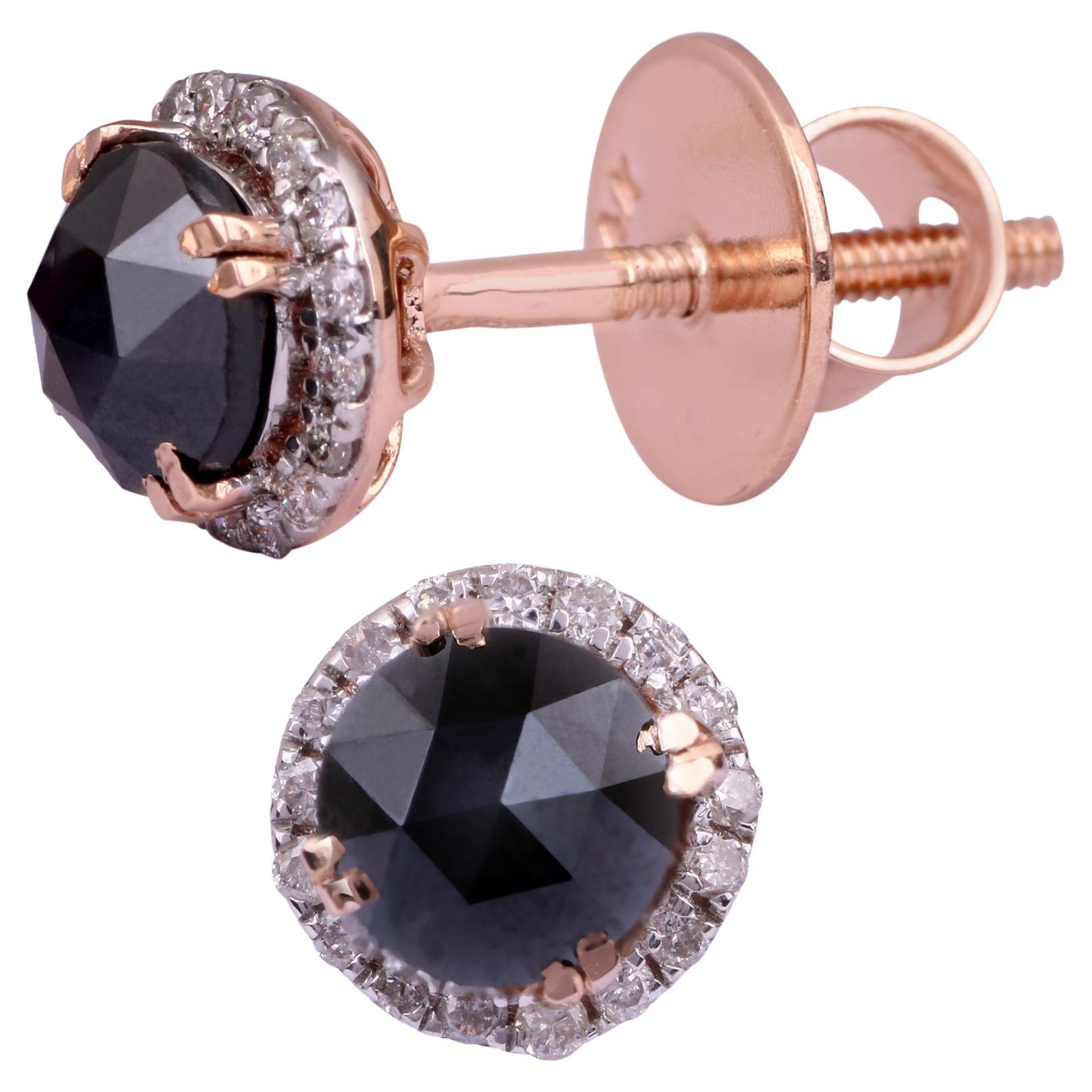 14K Rose Gold 0.167 Ctw Diamond, 1.083 Ctw Real Black Diamond Stud Earrings For Sale