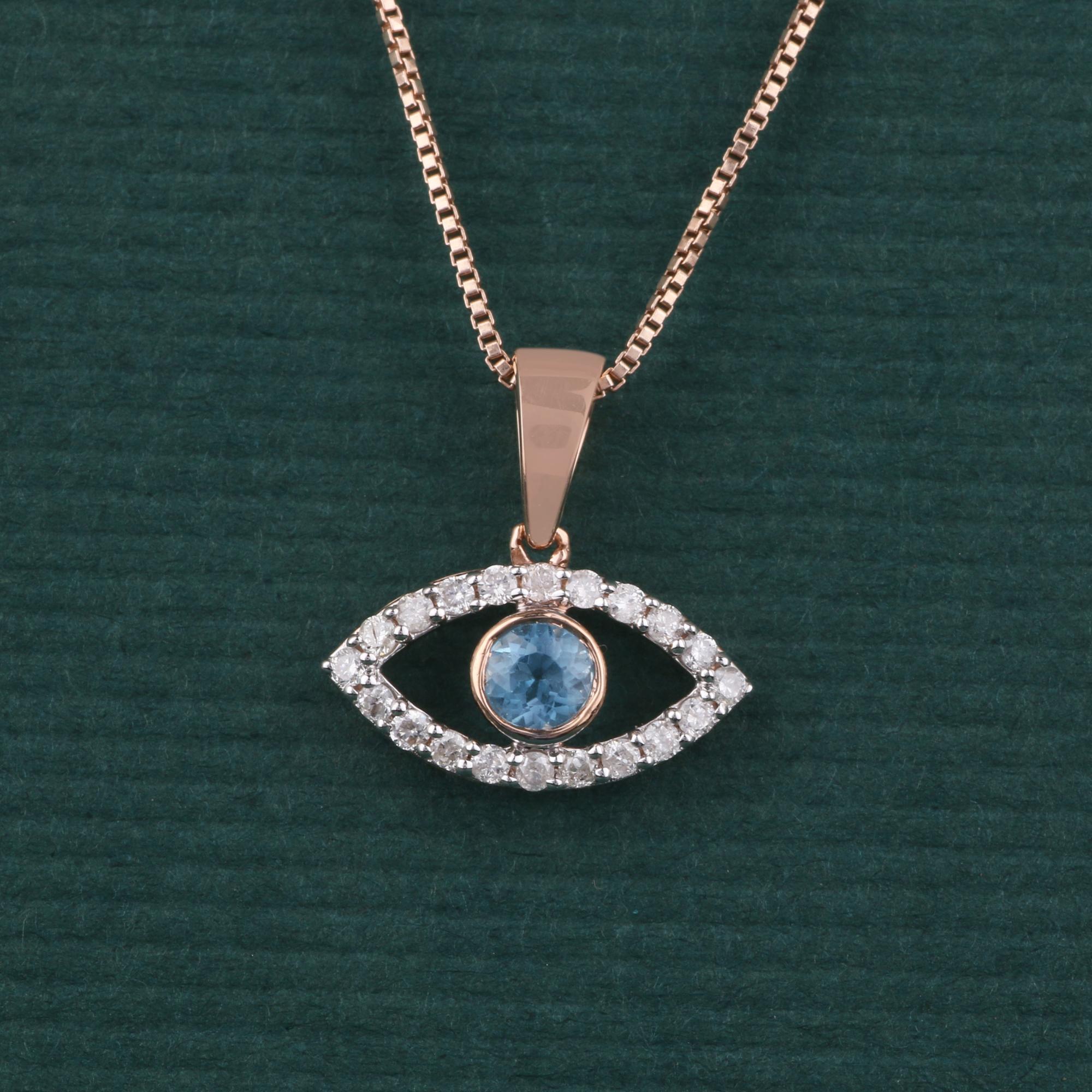 Modern 14K Rose Gold 0.170 Ctw Natural Diamond, 0.215 Ctw Aquamarine Evel Eye Pendants For Sale