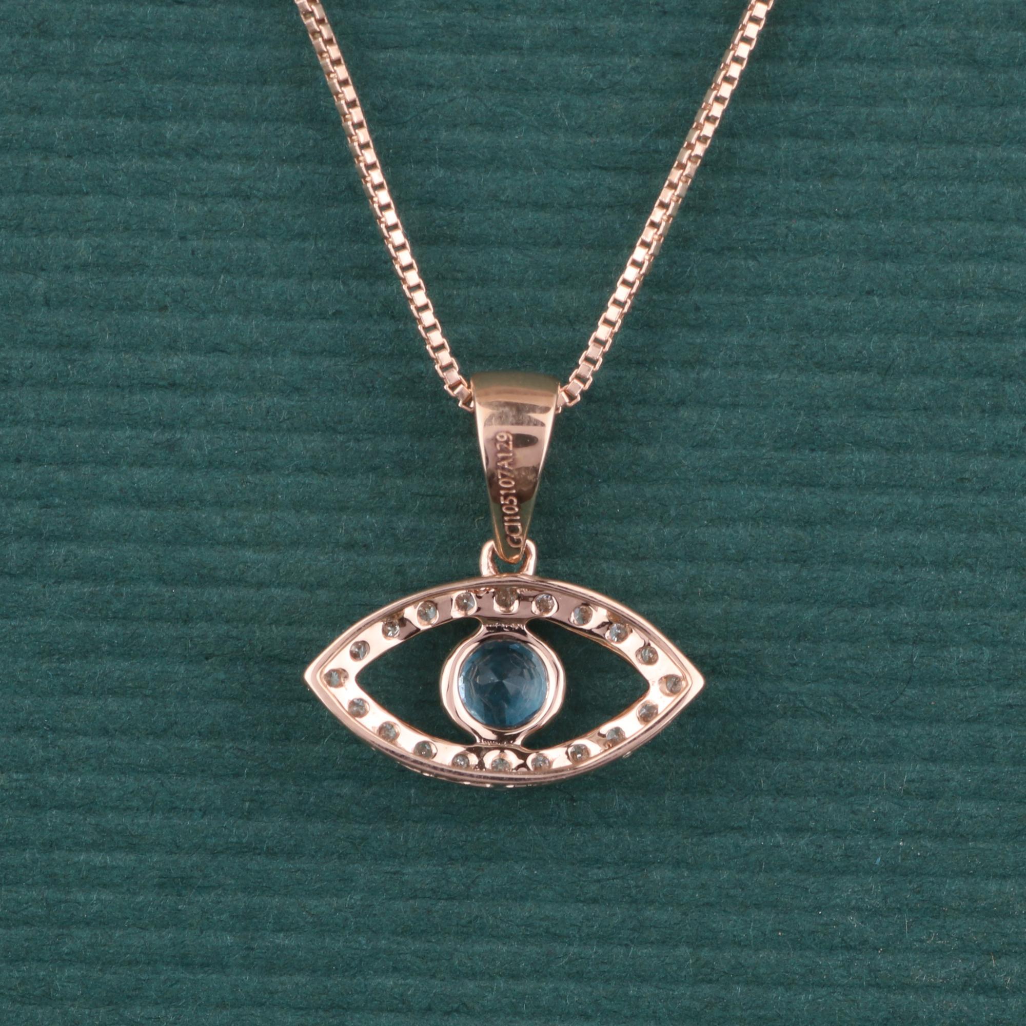 Brilliant Cut 14K Rose Gold 0.170 Ctw Natural Diamond, 0.215 Ctw Aquamarine Evel Eye Pendants For Sale