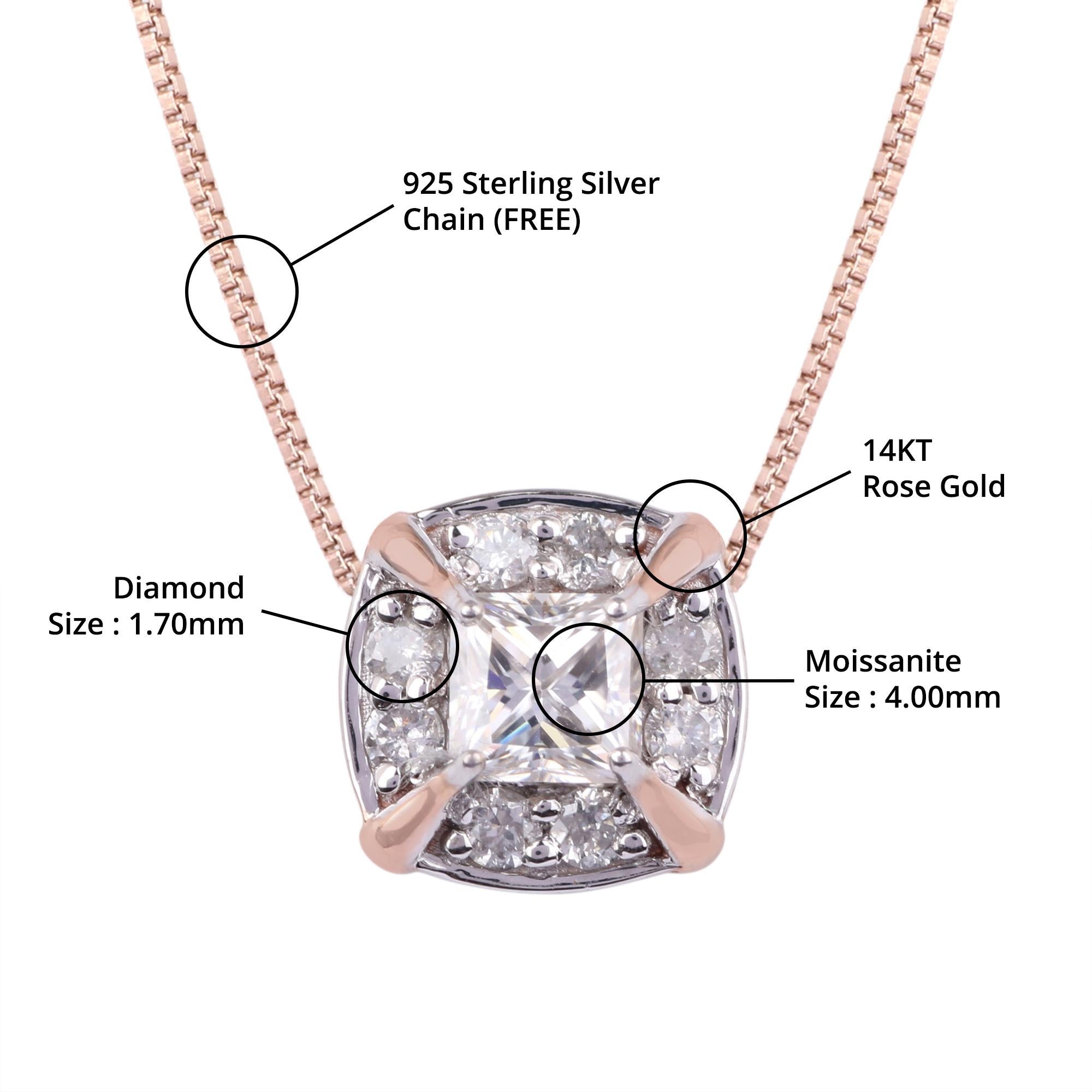 Einzelheiten zum Artikel:-

✦ SKU:- JPD00186RRR

✦ Material :- Gold

✦ Metallreinheit : 14K Rose Gold

✦ Edelstein-Spezifikation:- 
✧ Klarer Diamant rund (l1/H1) - 1,70 mm - 8 Stück
✧ Klarer Moissanit rund (VVS/DE) - 4 mm - 1 Stk


✦ Ungefähr.