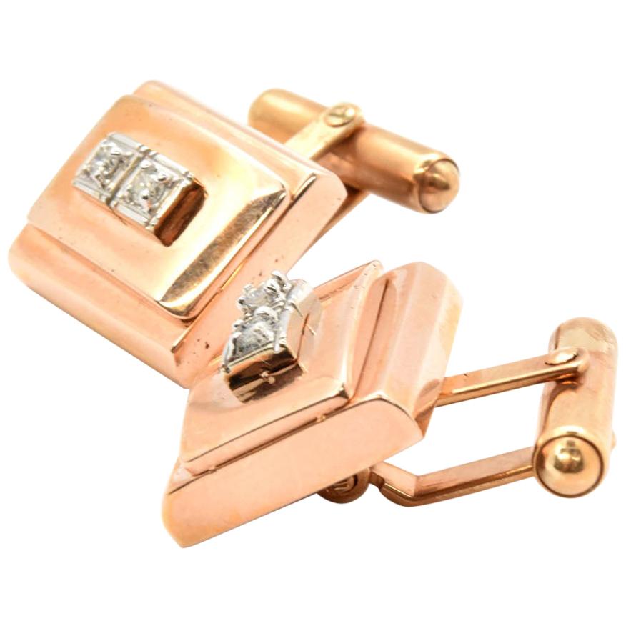 14 Karat Rose Gold 0.18 Carat Diamond Cufflinks, 19.40 Grams For Sale