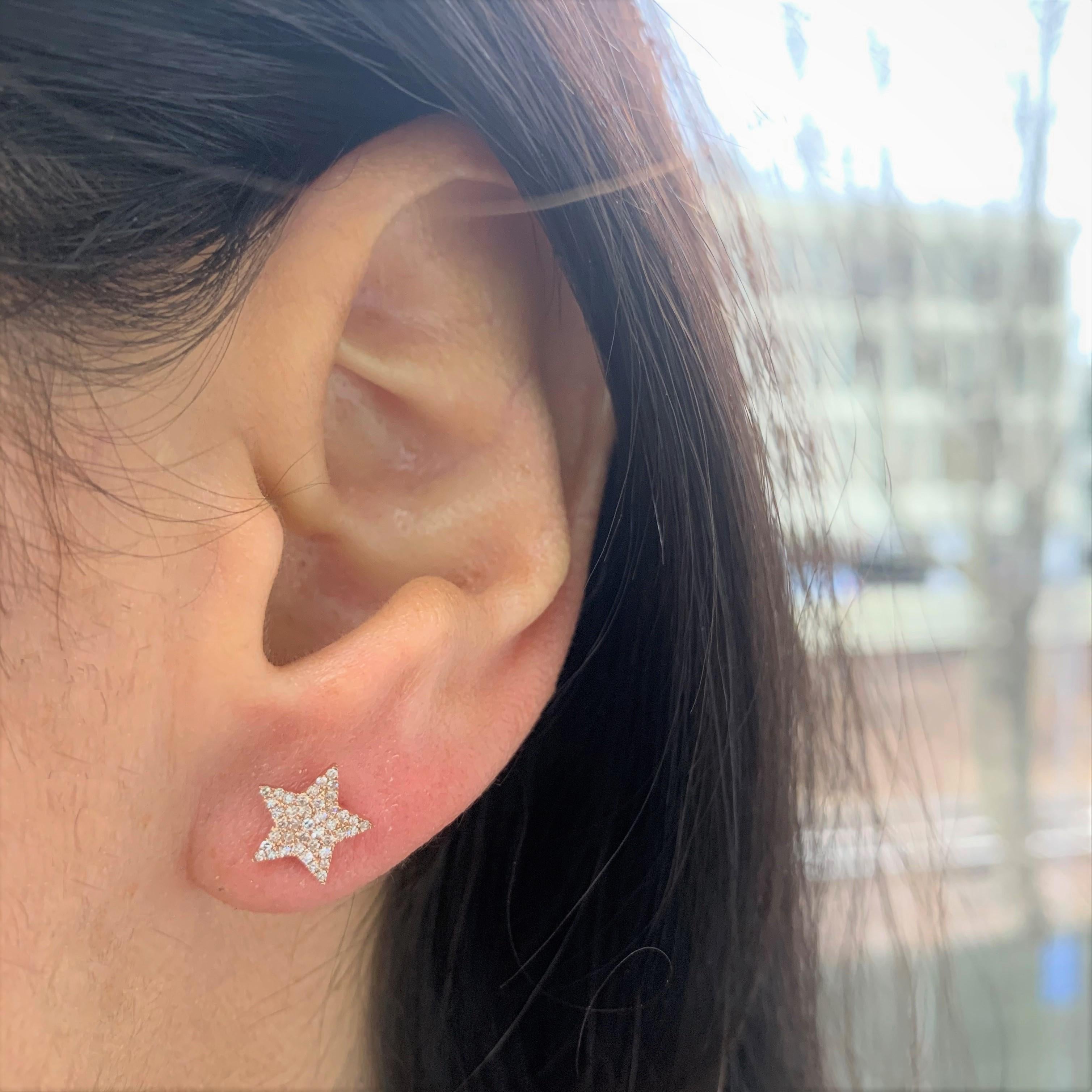 These star-shaped 14k Gold earrings feature approximately 0.21ct of sparkling white diamonds in pave settings and a high polish finish. Butterfly push-backs secure these 14-karat white, yellow or rose gold studs. Diamond color and Clarity GH SI1-SI2