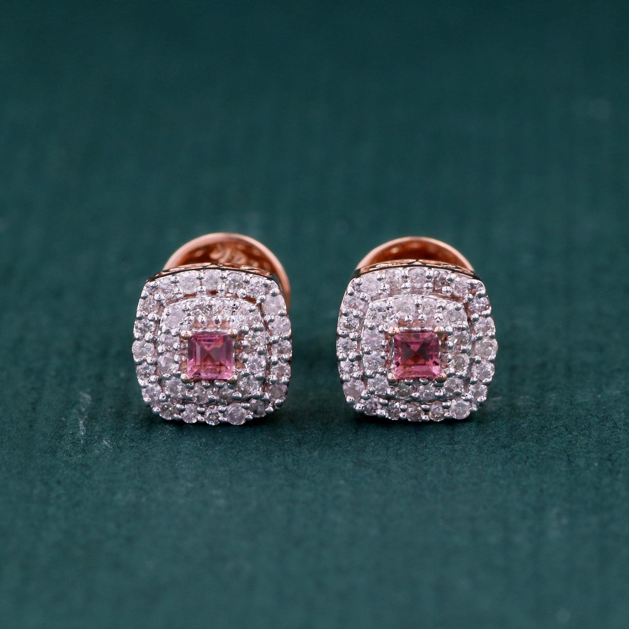 Modern 14K Rose Gold 0.250 Ctw Diamond, 0.092 Ctw Natural Pink Tourmaline Stud Earrings For Sale