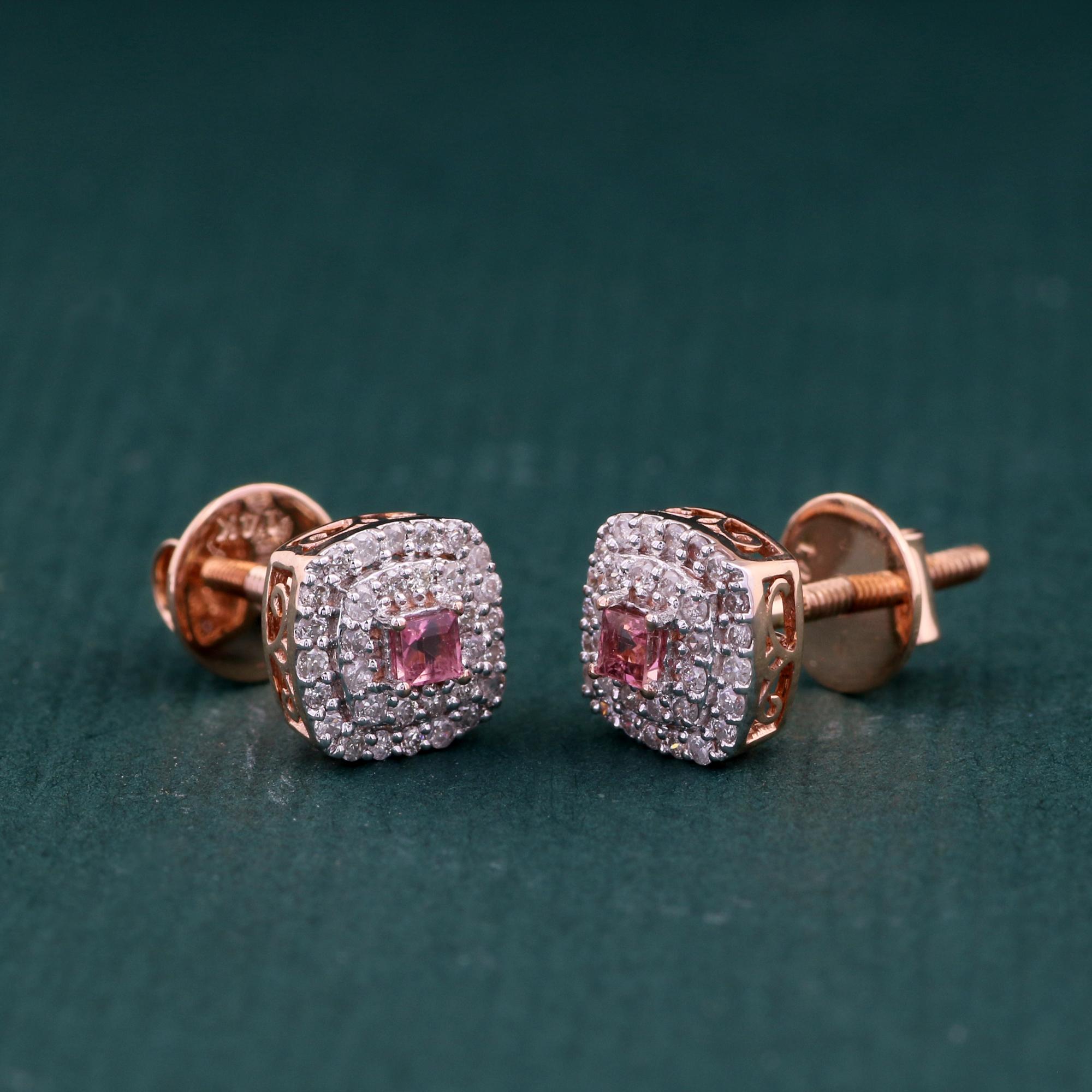 Brilliant Cut 14K Rose Gold 0.250 Ctw Diamond, 0.092 Ctw Natural Pink Tourmaline Stud Earrings For Sale