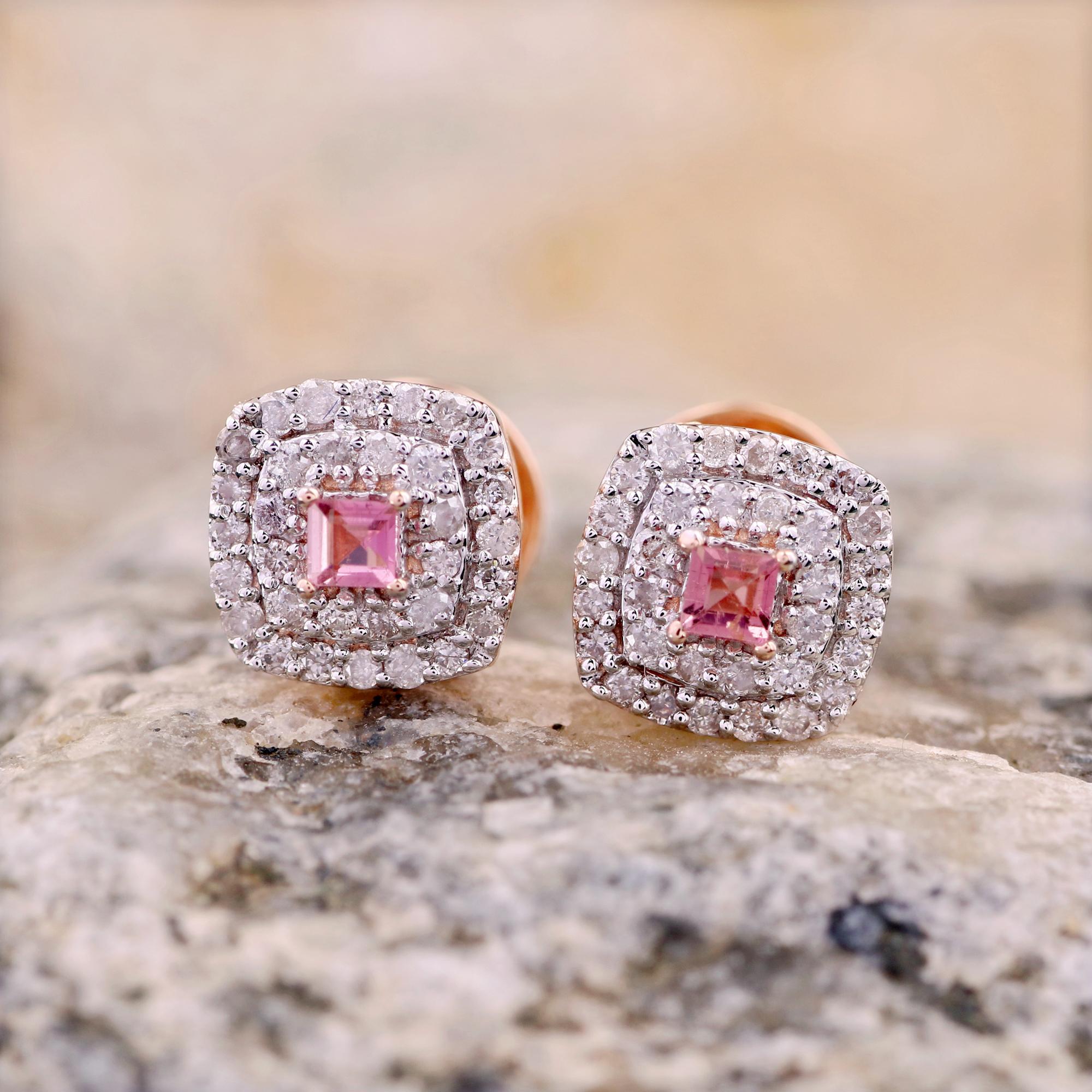 Women's 14K Rose Gold 0.250 Ctw Diamond, 0.092 Ctw Natural Pink Tourmaline Stud Earrings For Sale
