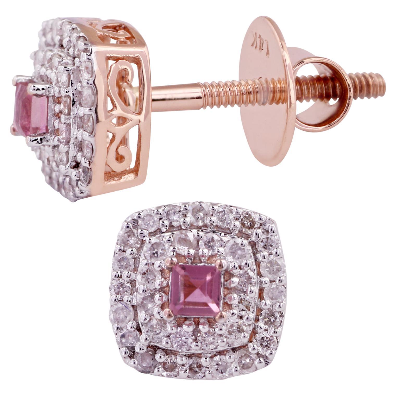14K Rose Gold 0.250 Ctw Diamond, 0.092 Ctw Natural Pink Tourmaline Stud Earrings For Sale