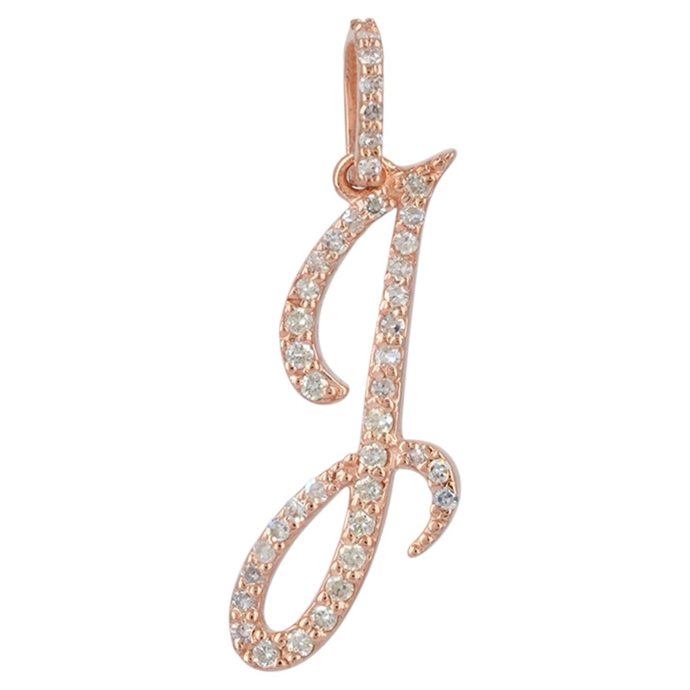 14K Rose Gold 0.26 CT Natural Diamond Cursive Script Initial J Letter Pendant For Sale