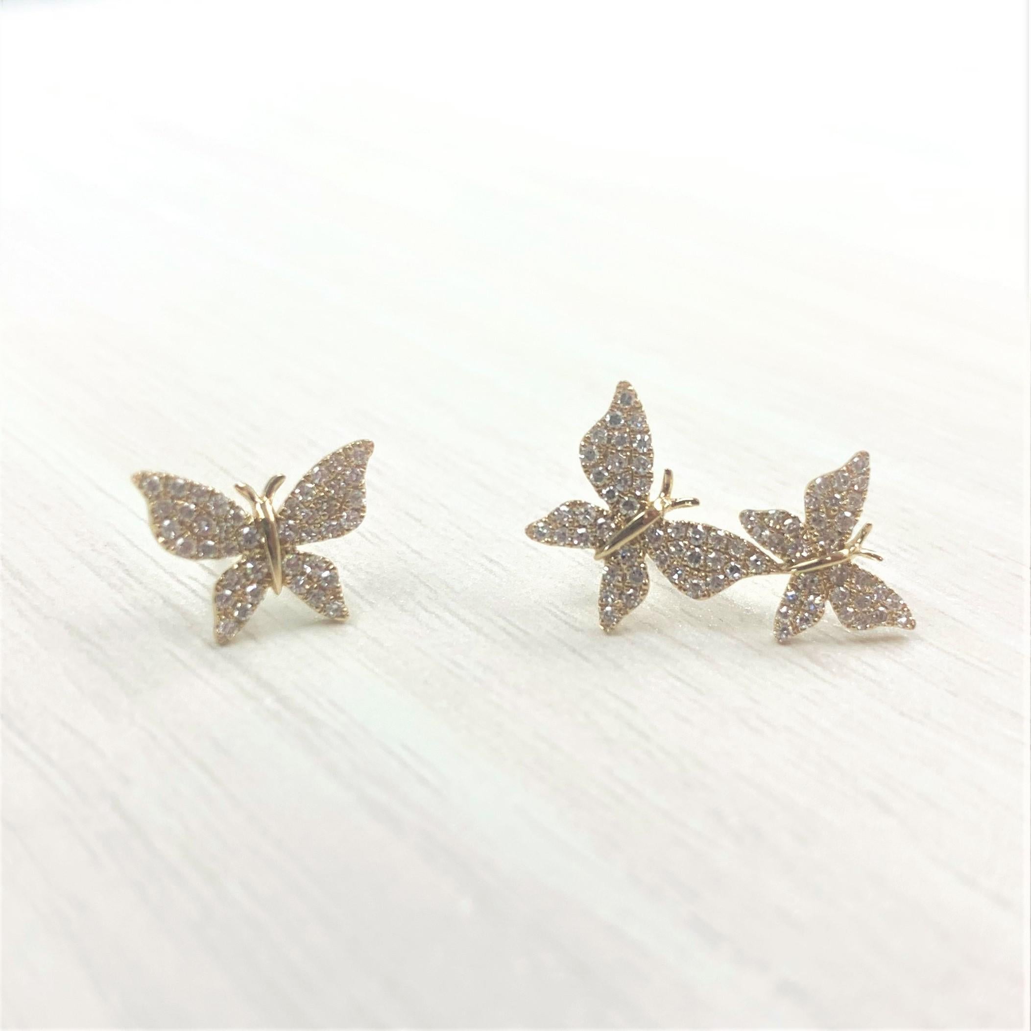 Contemporary 14K Rose Gold 0.35 Carat Diamond Mismatched Butterfly Stud Earrings For Sale