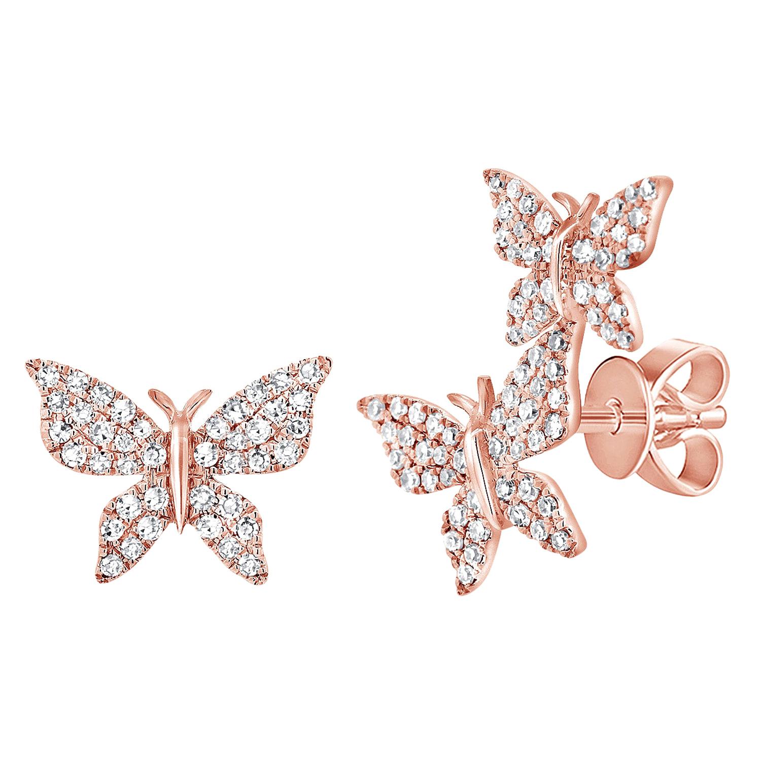 14K Rose Gold 0.35 Carat Diamond Mismatched Butterfly Stud Earrings For Sale