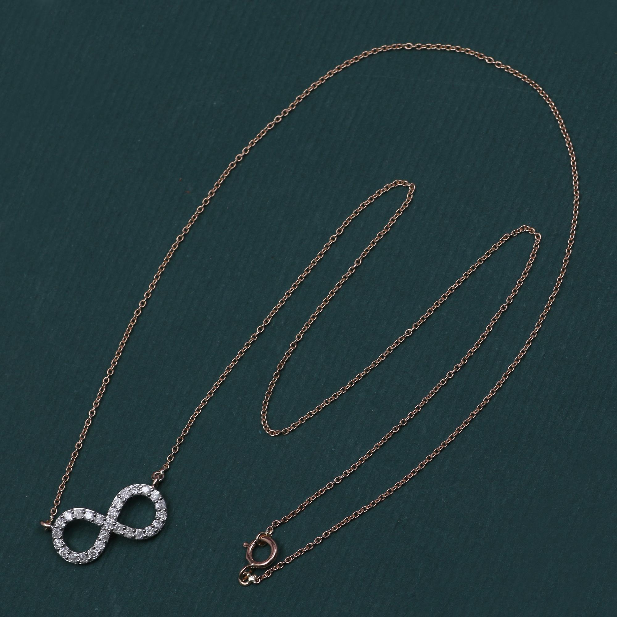Modern 14K Rose Gold 0.403 Ctw Natural Clear Diamond I1/H1' Infinity Pendant Necklaces For Sale