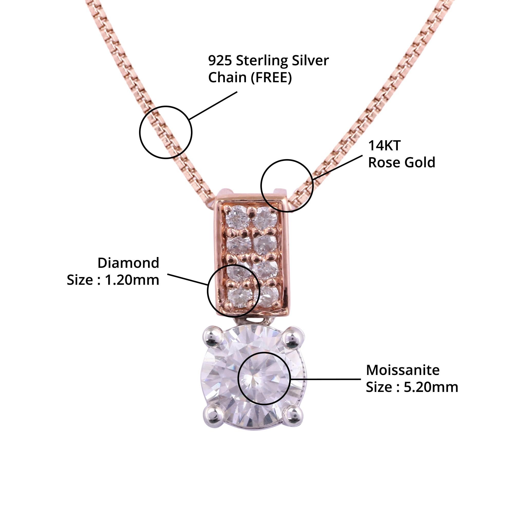 Einzelheiten zum Artikel:-

✦ SKU:- JPD00170RRW

✦ Material :- Gold

✦ Metallreinheit : 14K Rose Gold & Weißgold

✦ Edelstein-Spezifikation:- 
✧ Klarer Diamant rund (l1/H1) - 1,20 mm - 8 Stück
✧ Klarer Moissanit rund (VVS/DE) - 5,20 mm - 1 Stk


✦