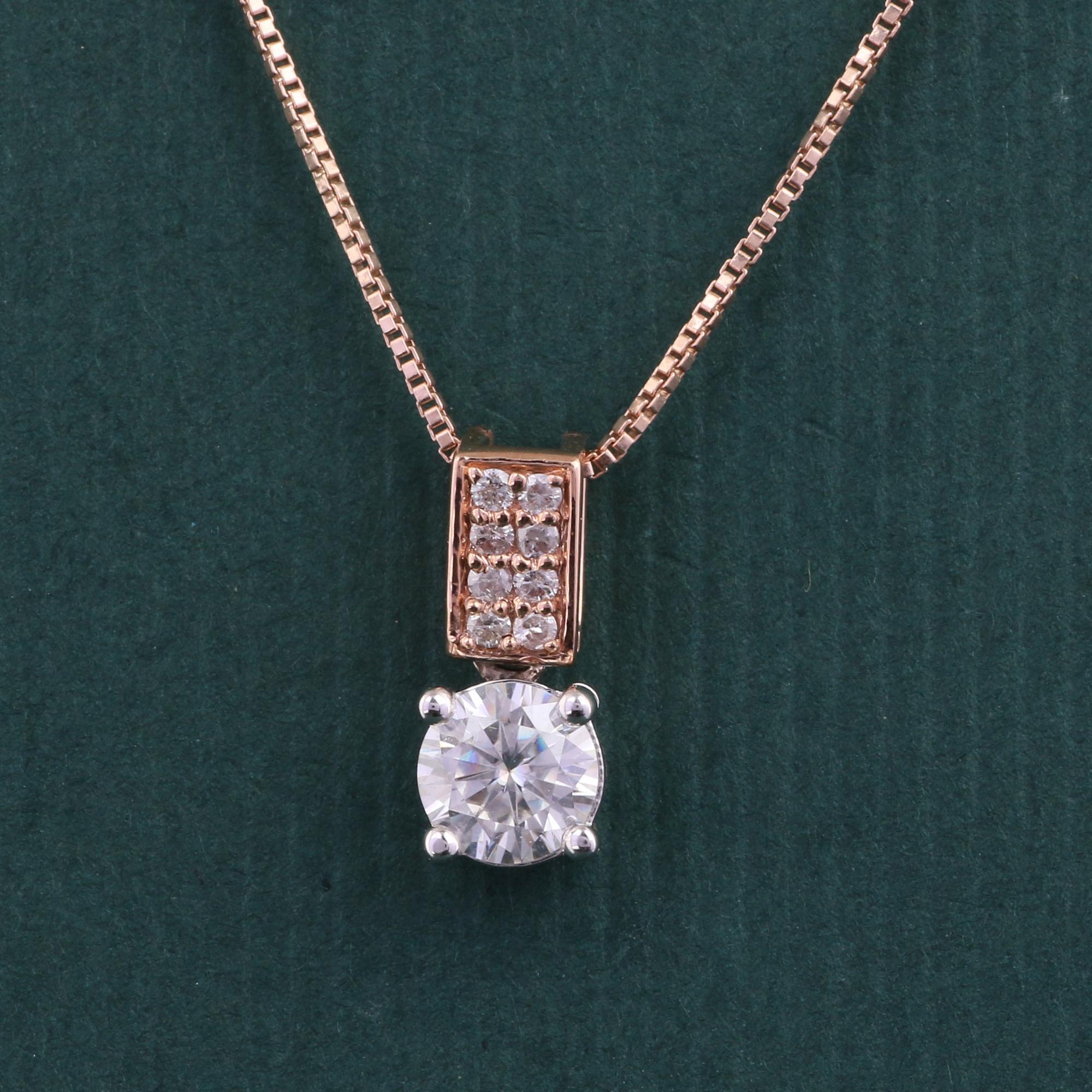 Modern 14K Rose Gold 0.680 Ctw Natural Diamond, 0.441 Ctw Moissanite Charm Pendant For Sale