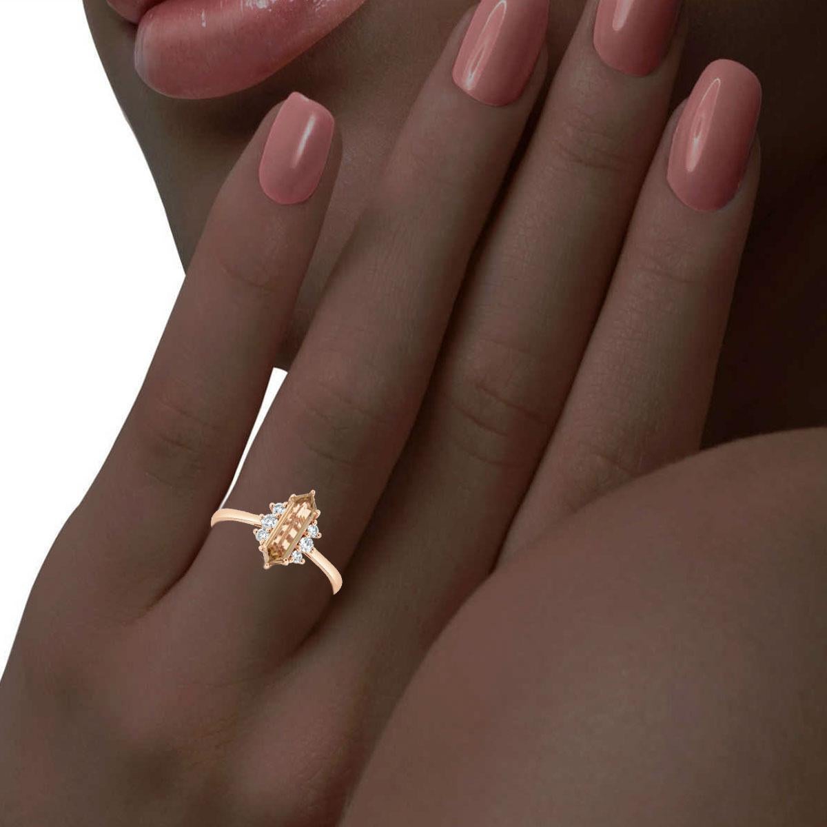 14K Rose Gold 0.73 Carat Hexagonal Faceted Light Champagne Diamond Ring In New Condition For Sale In San Francisco, CA