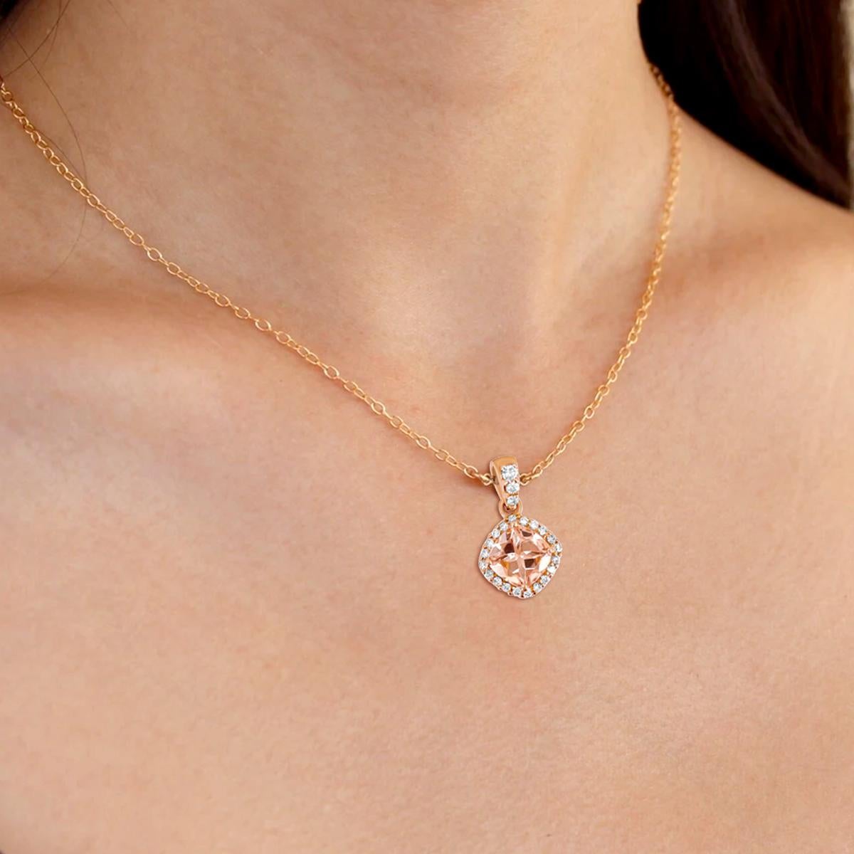 Cushion Cut 14K Rose Gold 0.82cts Morganite and Diamond Pendant. Style# TS1076P For Sale