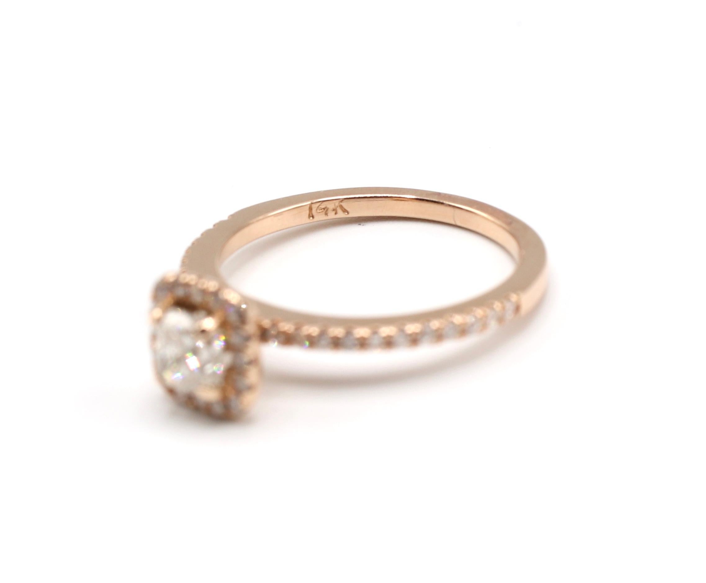 Contemporary 14 Karat Rose Gold 1/2 Carat Cushion Diamond Halo Engagement Ring