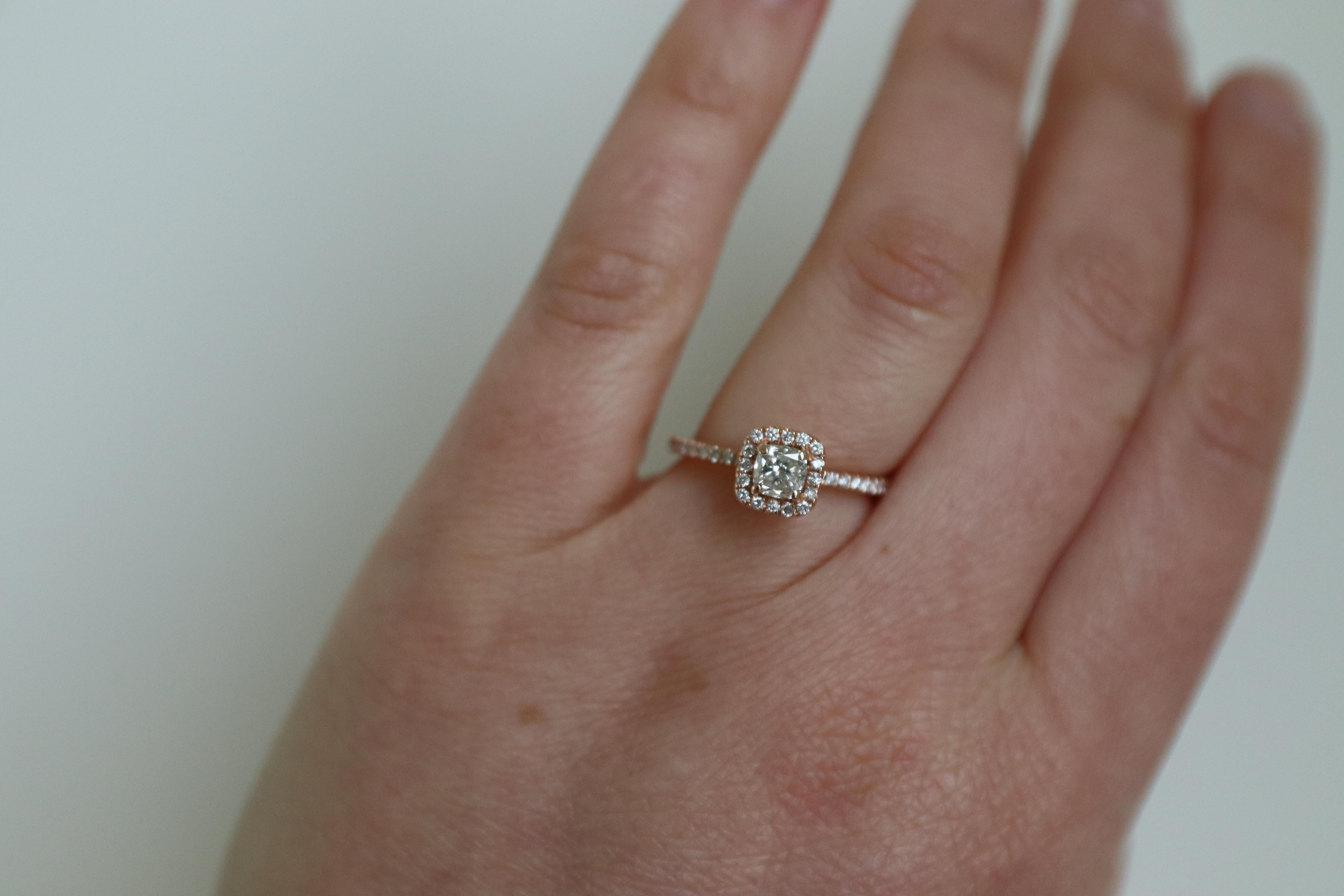 14 Karat Rose Gold 1/2 Carat Cushion Diamond Halo Engagement Ring In Excellent Condition In  Baltimore, MD
