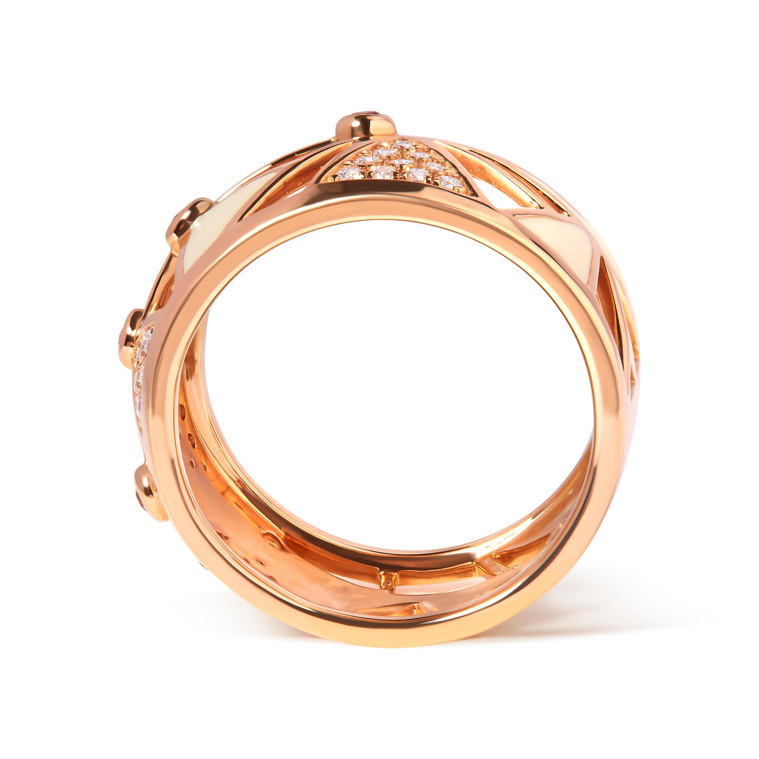 Indulge in the elegance of the 14K Rose Gold Diamond and Pink Tourmaline Cigar Band Ring, where modern design meets classic allure. With an opulent wide band of rose gold, highlighted by 1/3 Cttw of diamonds with a shimmering G-H color and SI1-SI2