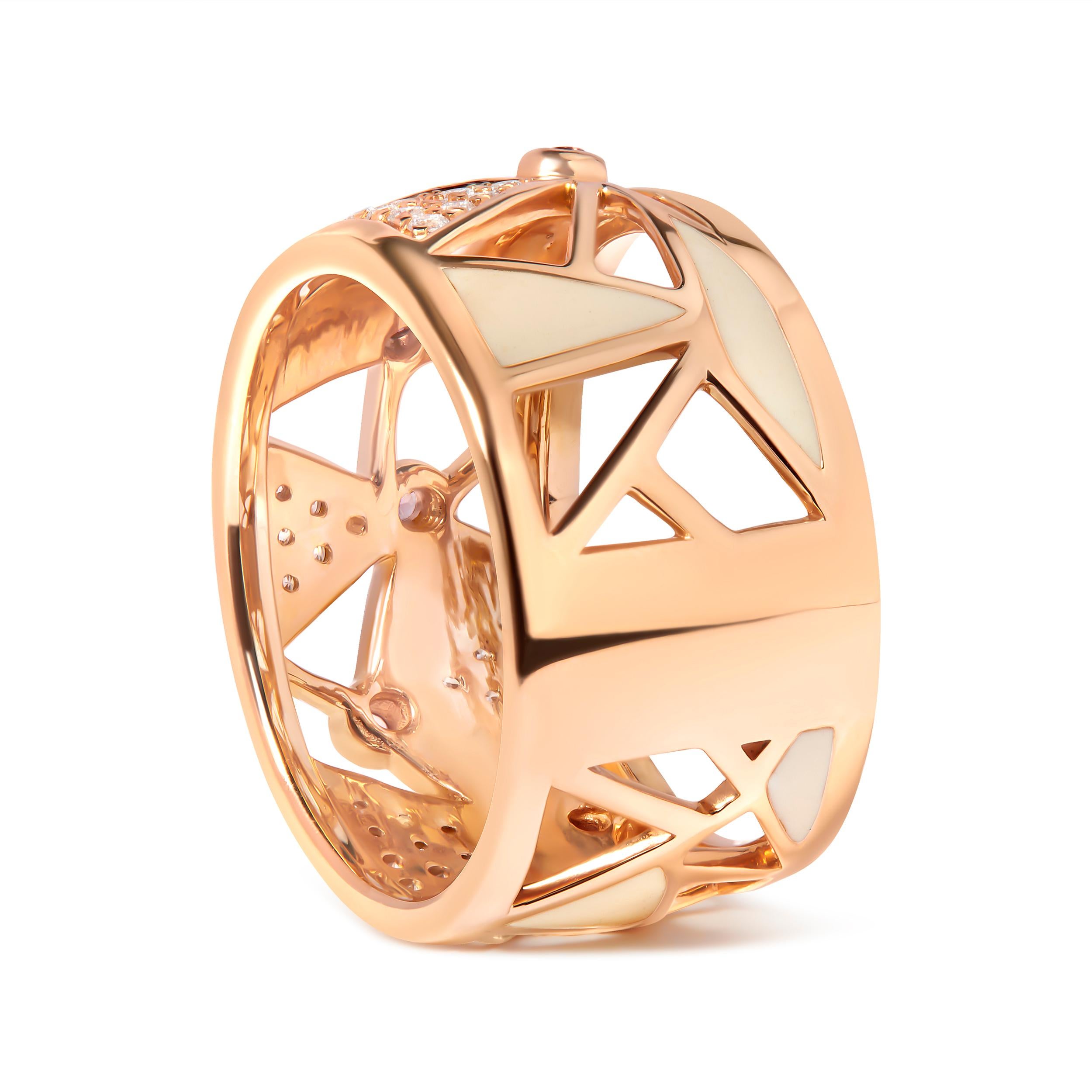 Modern 14K Rose Gold 1/3ct Diamond & Pink Tourmaline Cigar Band Ring with White Enamel For Sale