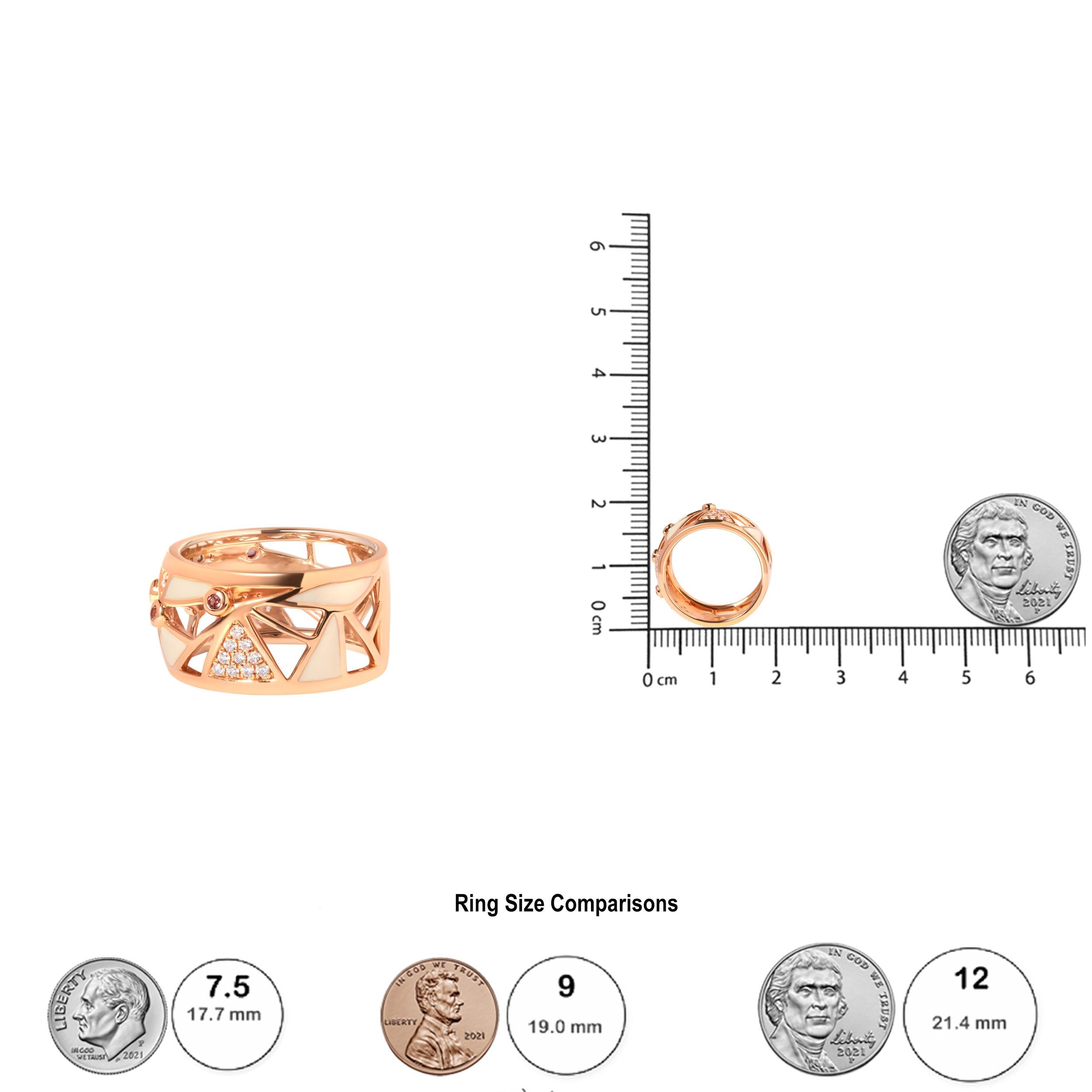 Round Cut 14K Rose Gold 1/3ct Diamond & Pink Tourmaline Cigar Band Ring with White Enamel For Sale