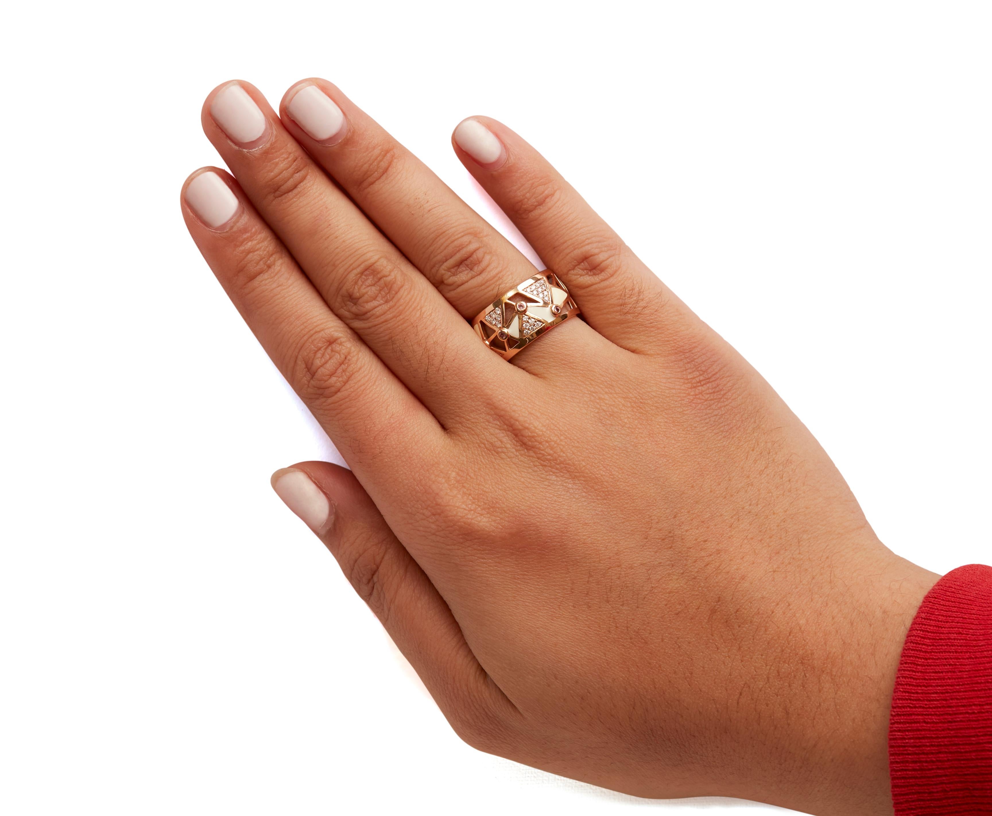14K Rose Gold 1/3ct Diamond & Pink Tourmaline Cigar Band Ring with White Enamel In New Condition For Sale In New York, NY