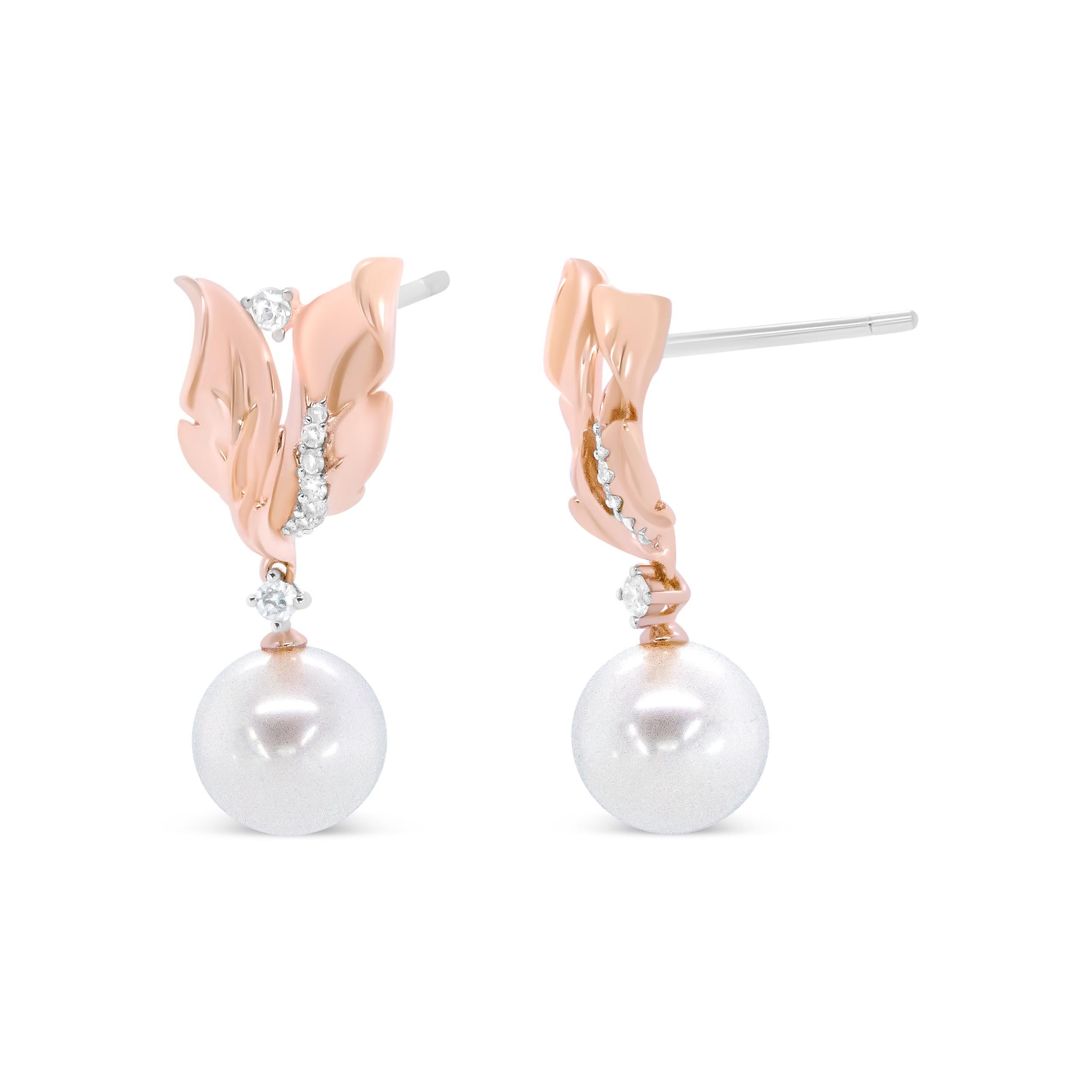 Contemporary 14K Rose Gold 1/6 Carat Diamond and Round Pearl Floral Drop Stud Earrings For Sale