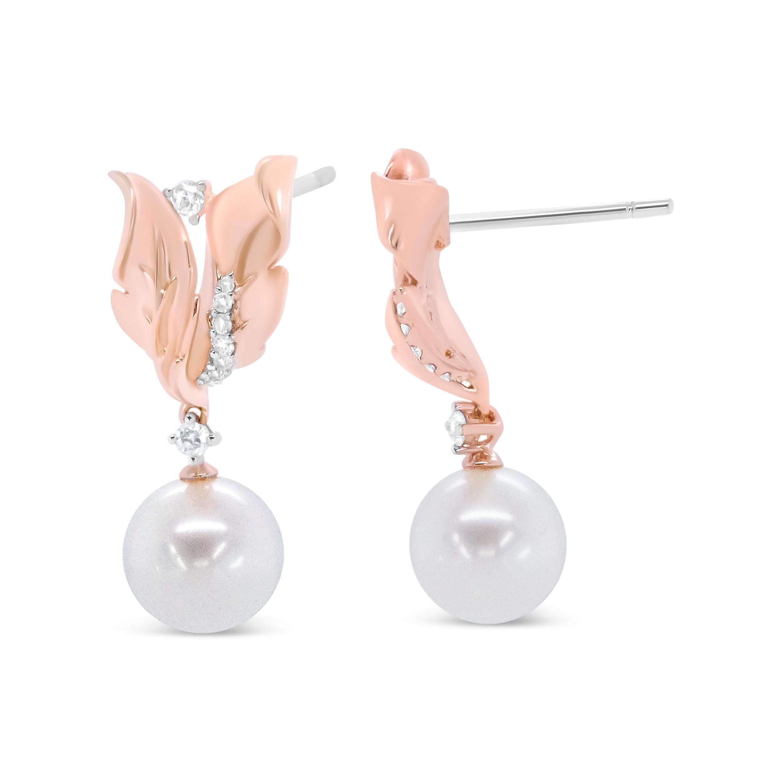 Round Cut 14K Rose Gold 1/6 Carat Diamond and Round Pearl Floral Drop Stud Earrings For Sale