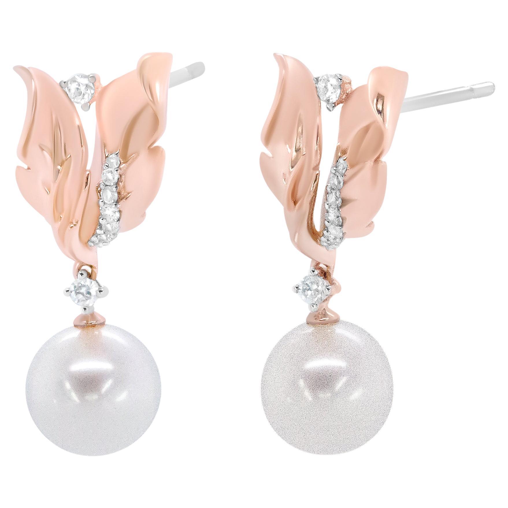 14K Rose Gold 1/6 Carat Diamond and Round Pearl Floral Drop Stud Earrings For Sale