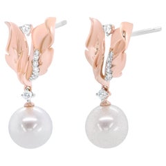 14K Rose Gold 1/6 Carat Diamond and Round Pearl Floral Drop Stud Earrings