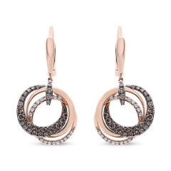 14K Rose Gold 1.0 Carat White and Brown Diamond Hoops & Circle Dangle Earrings