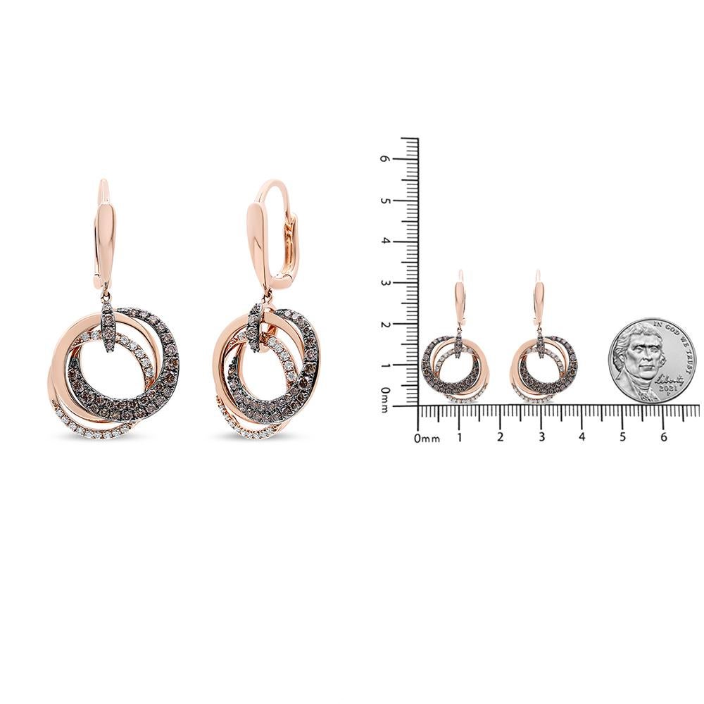 Round Cut 14K Rose Gold 1.0 Carat White and Brown Diamond Hoops & Circle Dangle Earrings For Sale