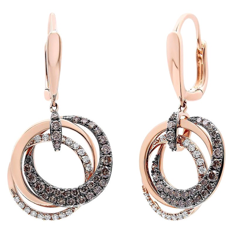 14K Rose Gold 1.0 Carat White and Brown Diamond Hoops & Circle Dangle Earrings For Sale